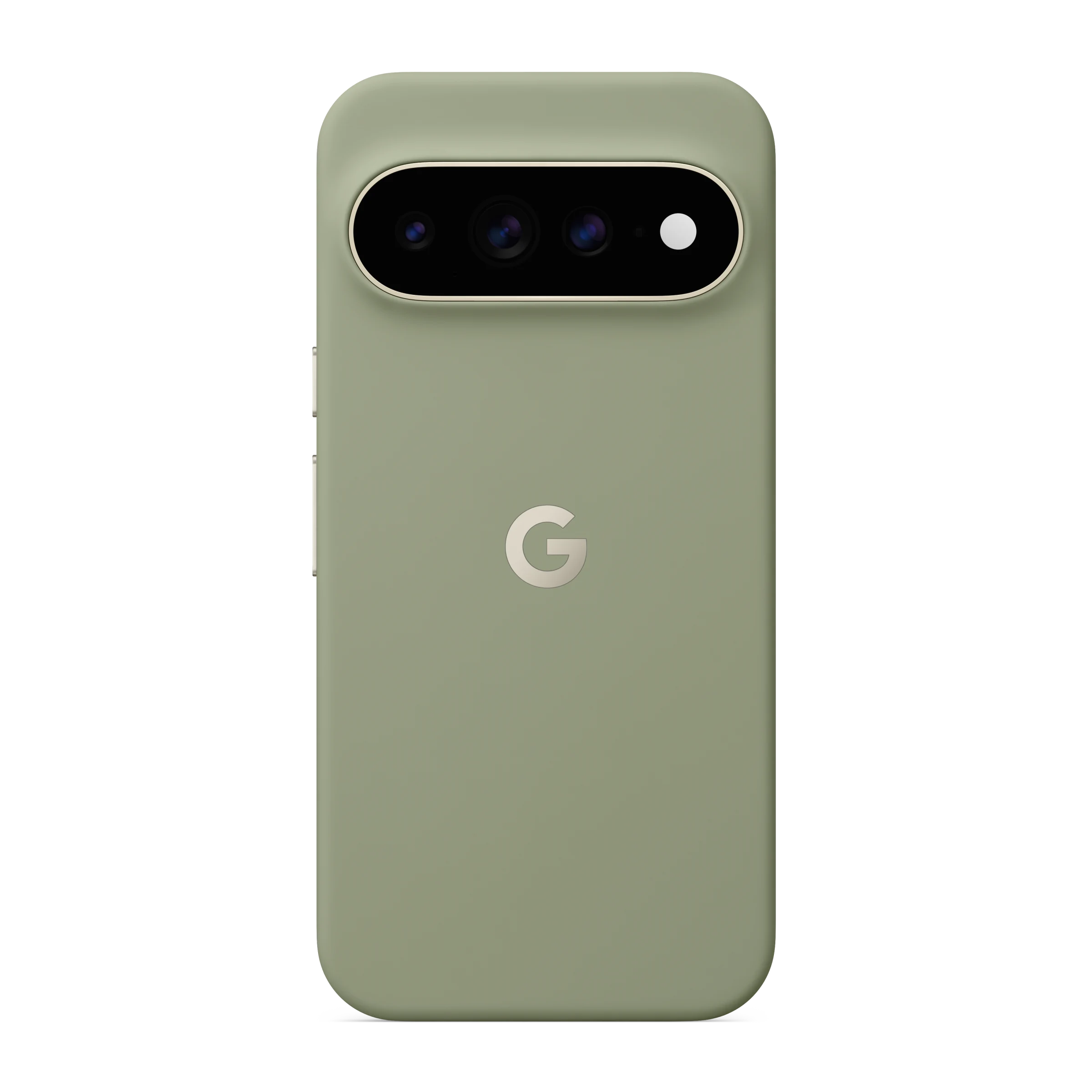 Rückseite eines hellgrünen Google Pixel Smartphones mit horizontaler Kamera und dem G-Logo auf schwarzem Hintergrund.