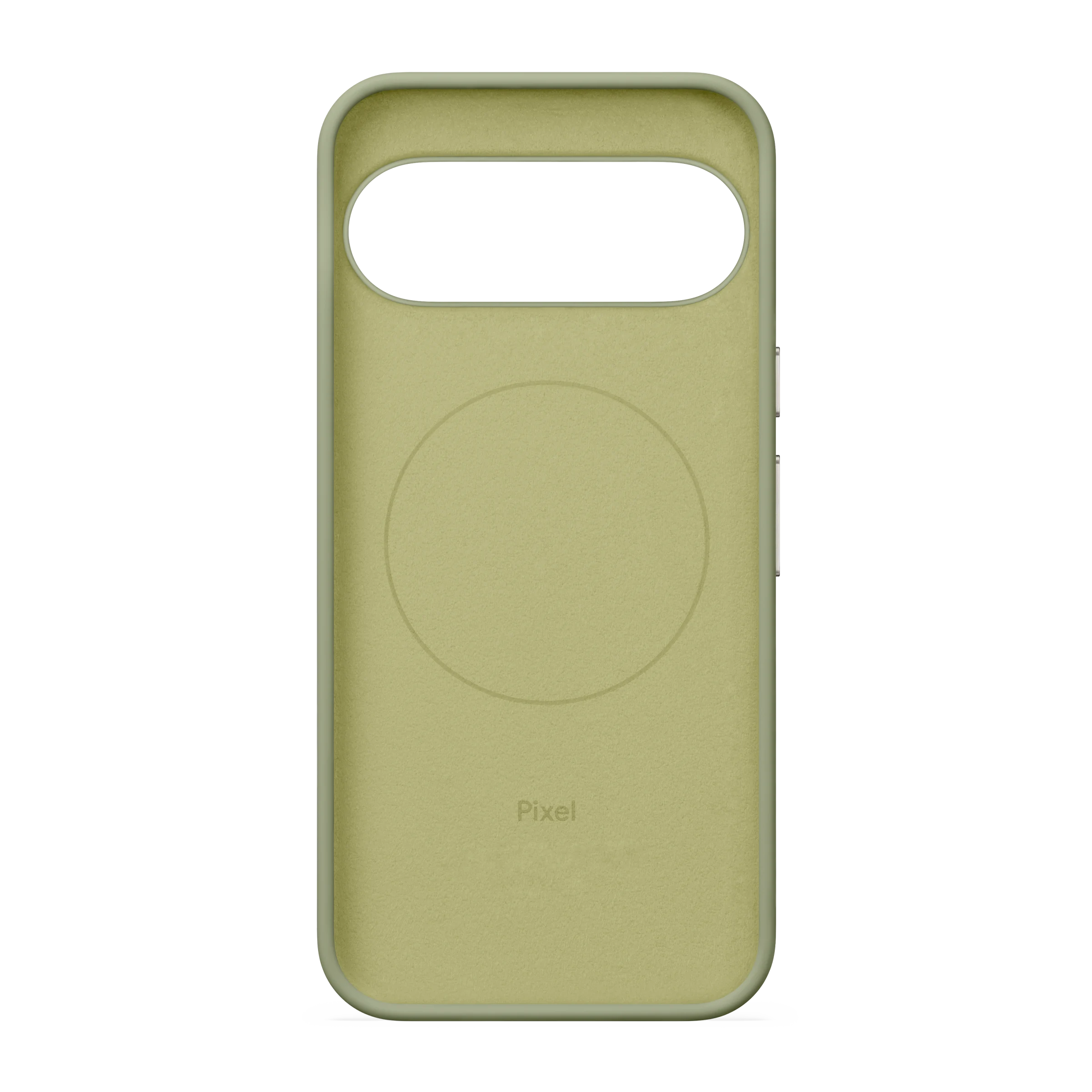 Eine olivgrüne Google Pixel Smartphone-Hülle mit rundem Magnetkreis und Kameraausschnitt vor schwarzem Hintergrund.