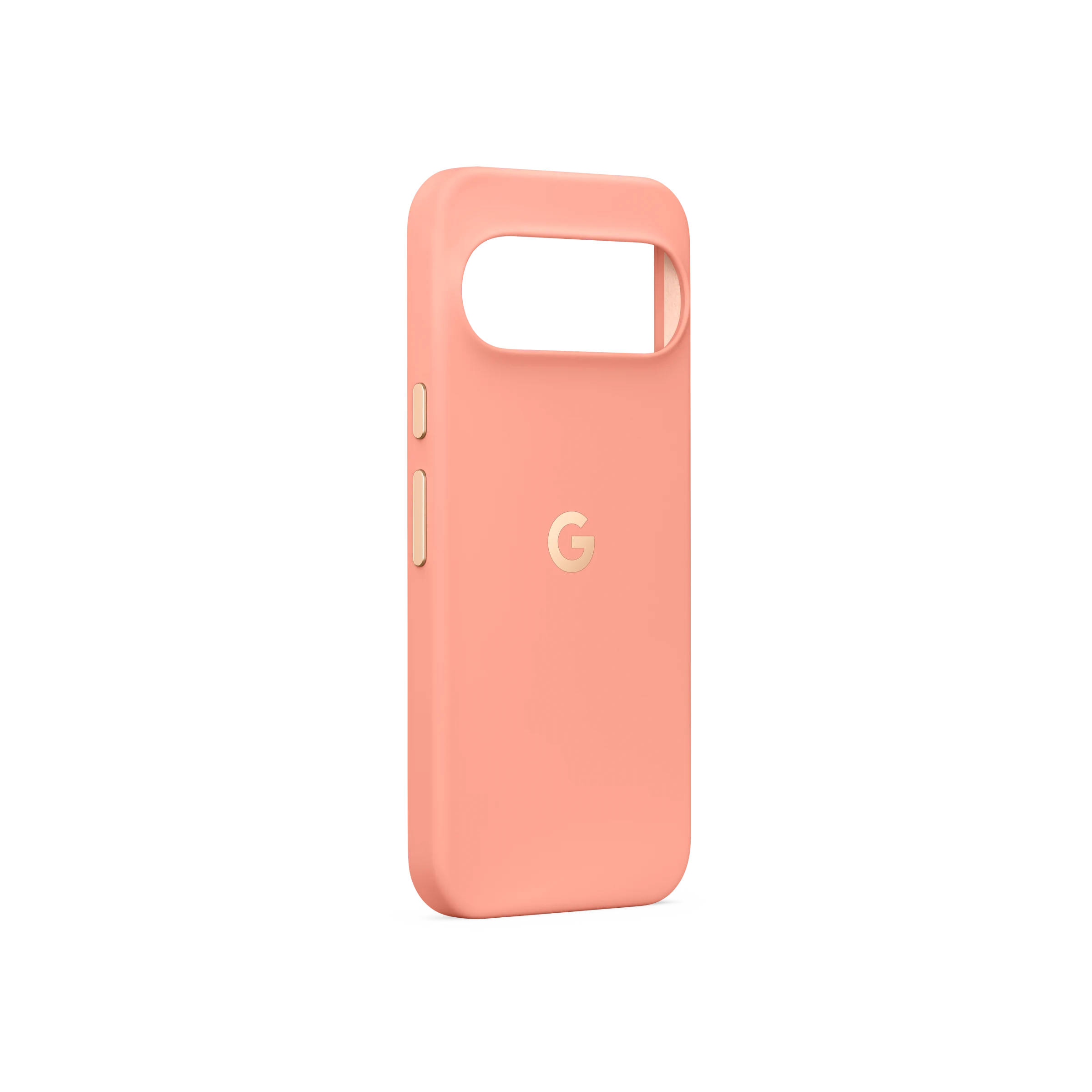 Una funda de smartphone rosa con el logotipo de Google en la parte posterior sobre fondo negro.