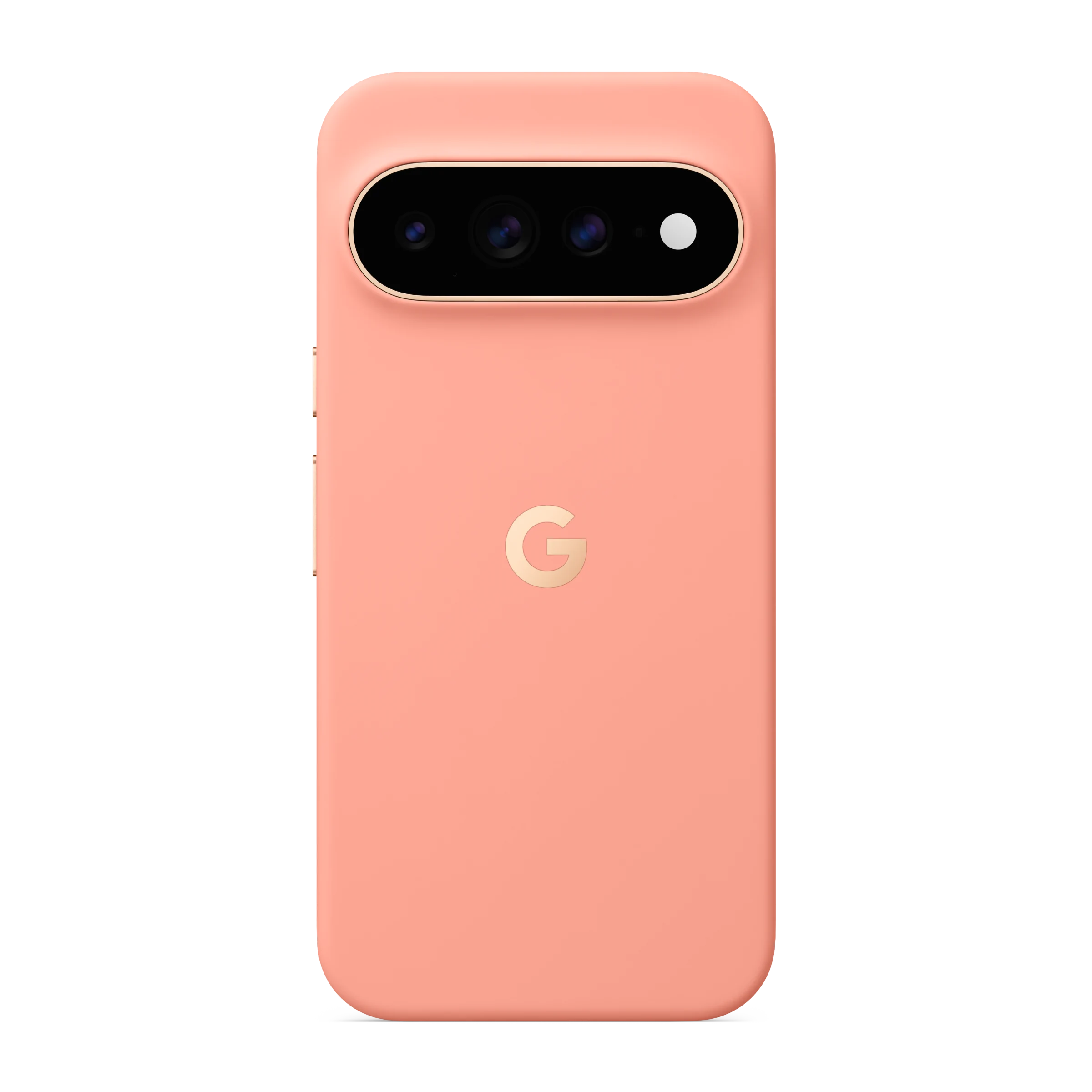 Parte trasera de un smartphone rosa con un módulo de cámara horizontal arriba y el logo de Google en el centro.