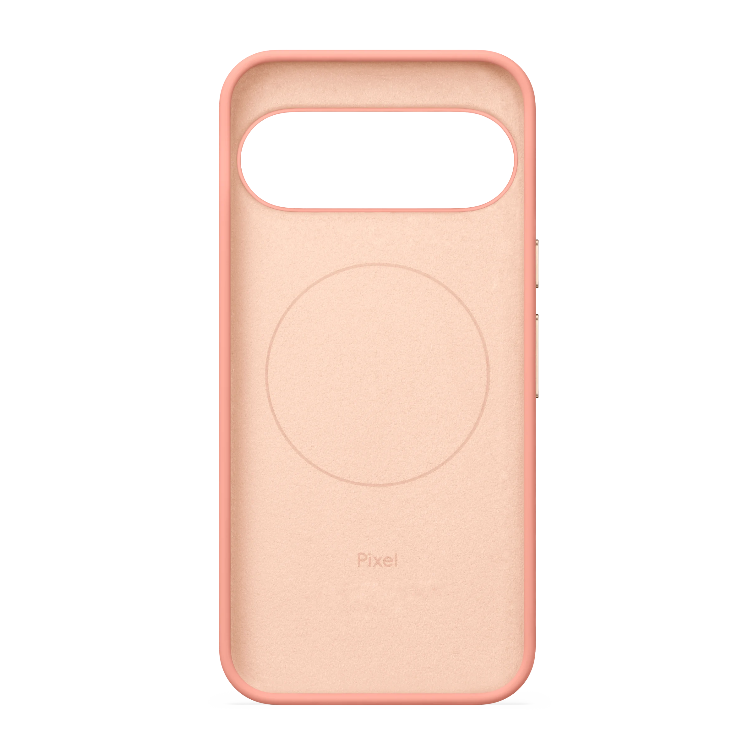 Interior de funda rosa para smartphone con recorte de cámara y logotipo Pixel sobre fondo negro.
