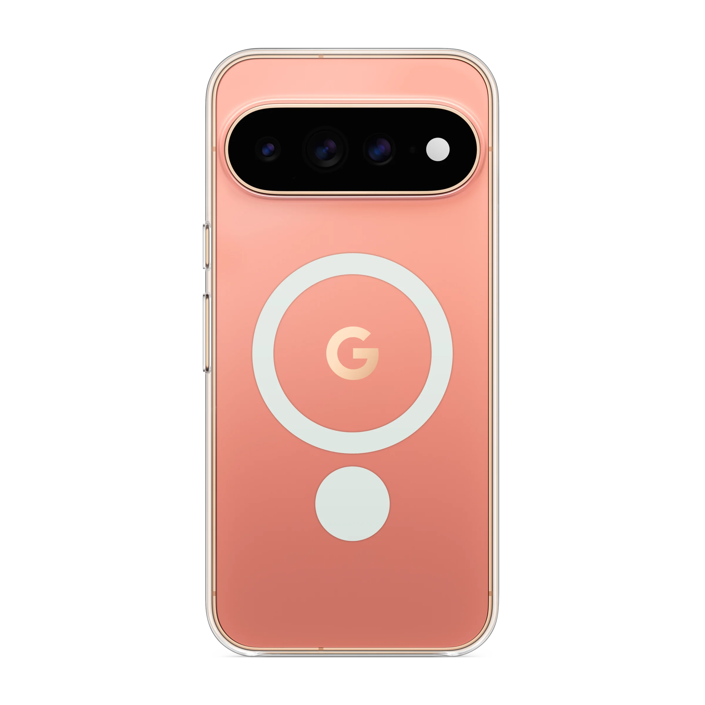 Parte trasera de un smartphone rosa con funda transparente, anillo blanco y logotipo de Google sobre fondo negro.