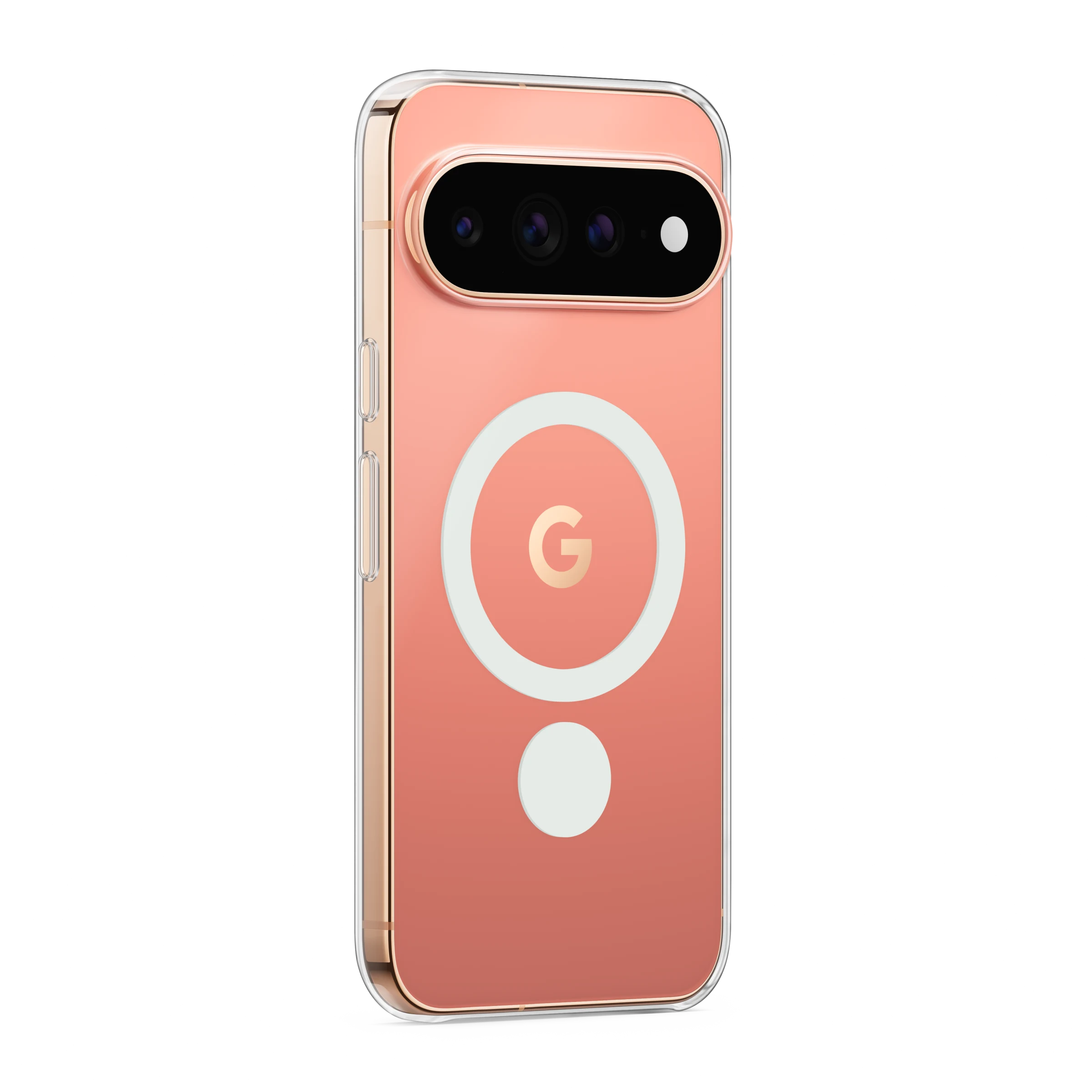 Parte trasera de un smartphone oro rosa con funda transparente, barra de cámara y anillo magnético blanco sobre fondo negro.
