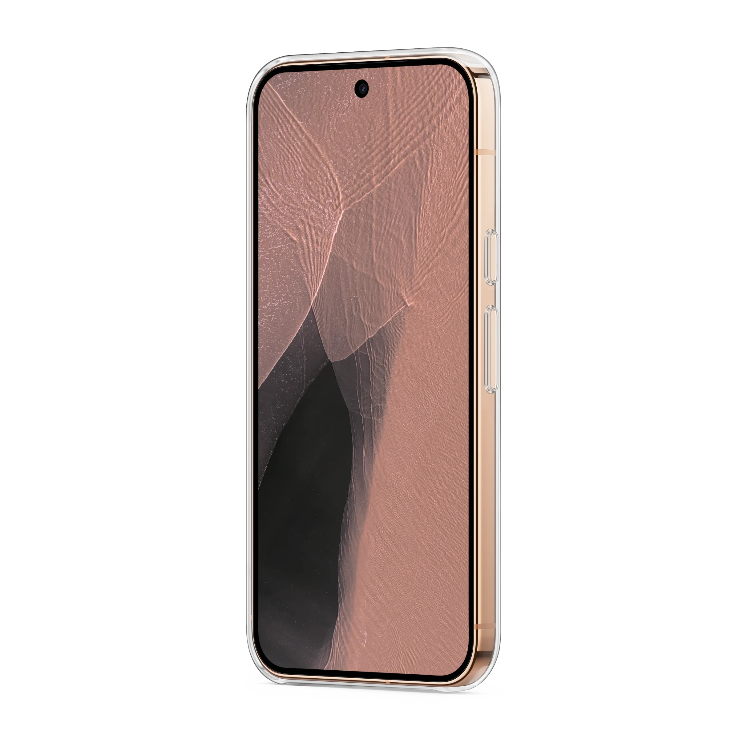 Un smartphone de oro rosa en una funda transparente sobre un fondo negro.