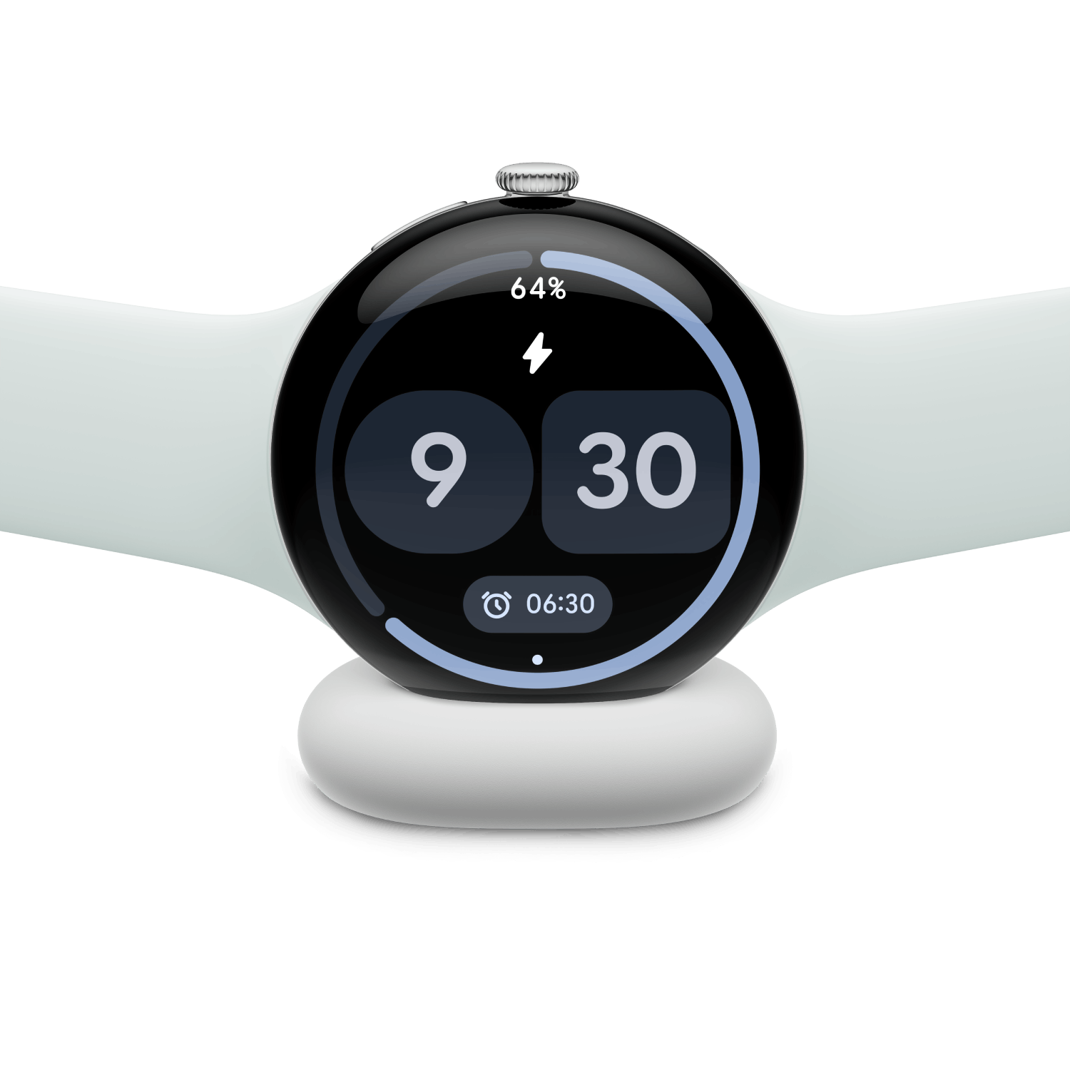 Un reloj inteligente blanco se carga en una base, mostrando las 9:30 y 64% de batería.