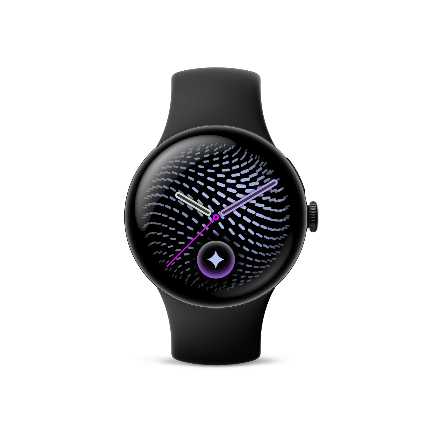 Reloj inteligente negro con pantalla redonda que muestra un patrón azul y morado y manecillas analógicas sobre fondo negro.