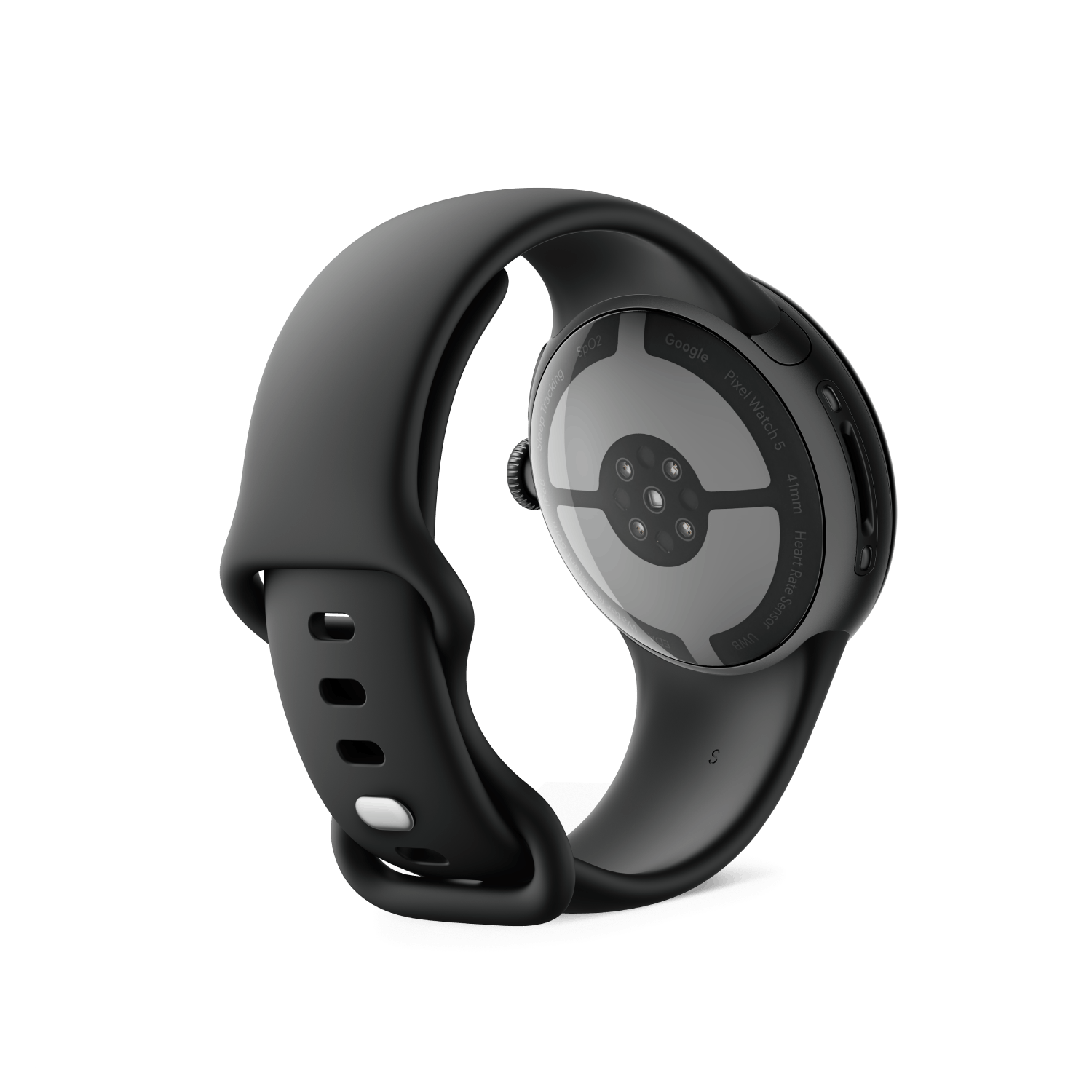Parte trasera de un Google Pixel Watch 5 negro con correa de silicona sobre fondo negro.