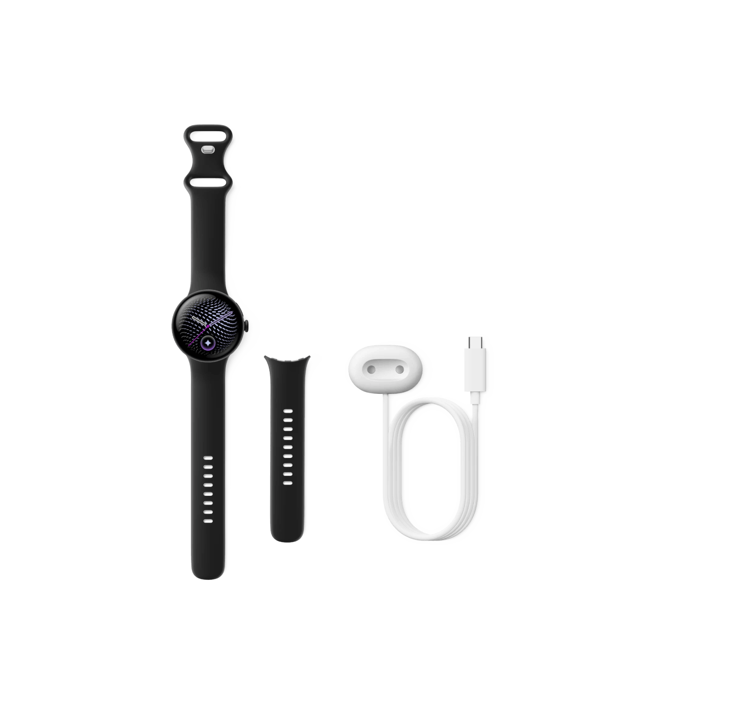 Un reloj inteligente negro con correa adicional y cable de carga blanco sobre fondo negro.