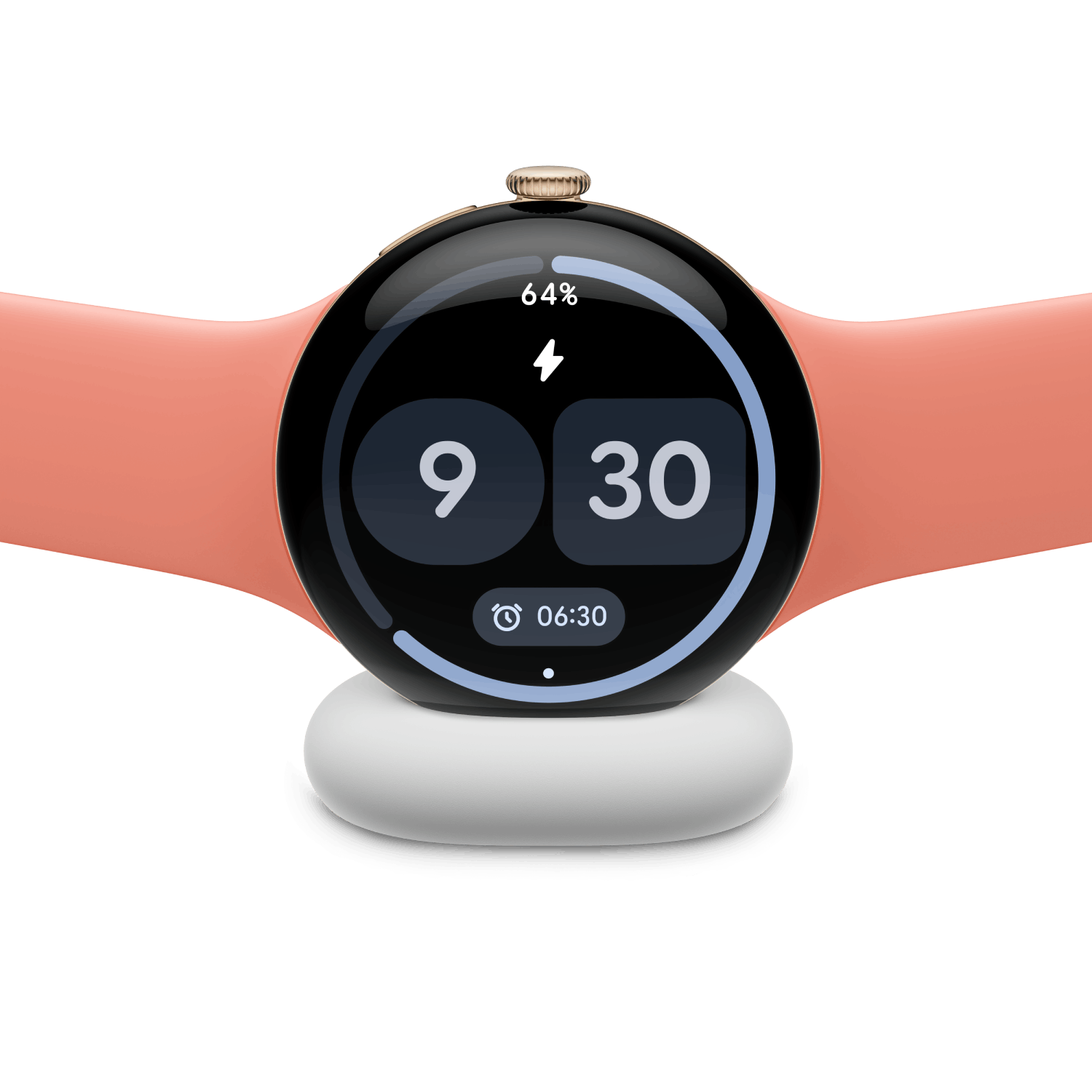 Un reloj inteligente rosa con 64% de batería y hora 9:30 sobre un cargador blanco redondo en fondo negro.
