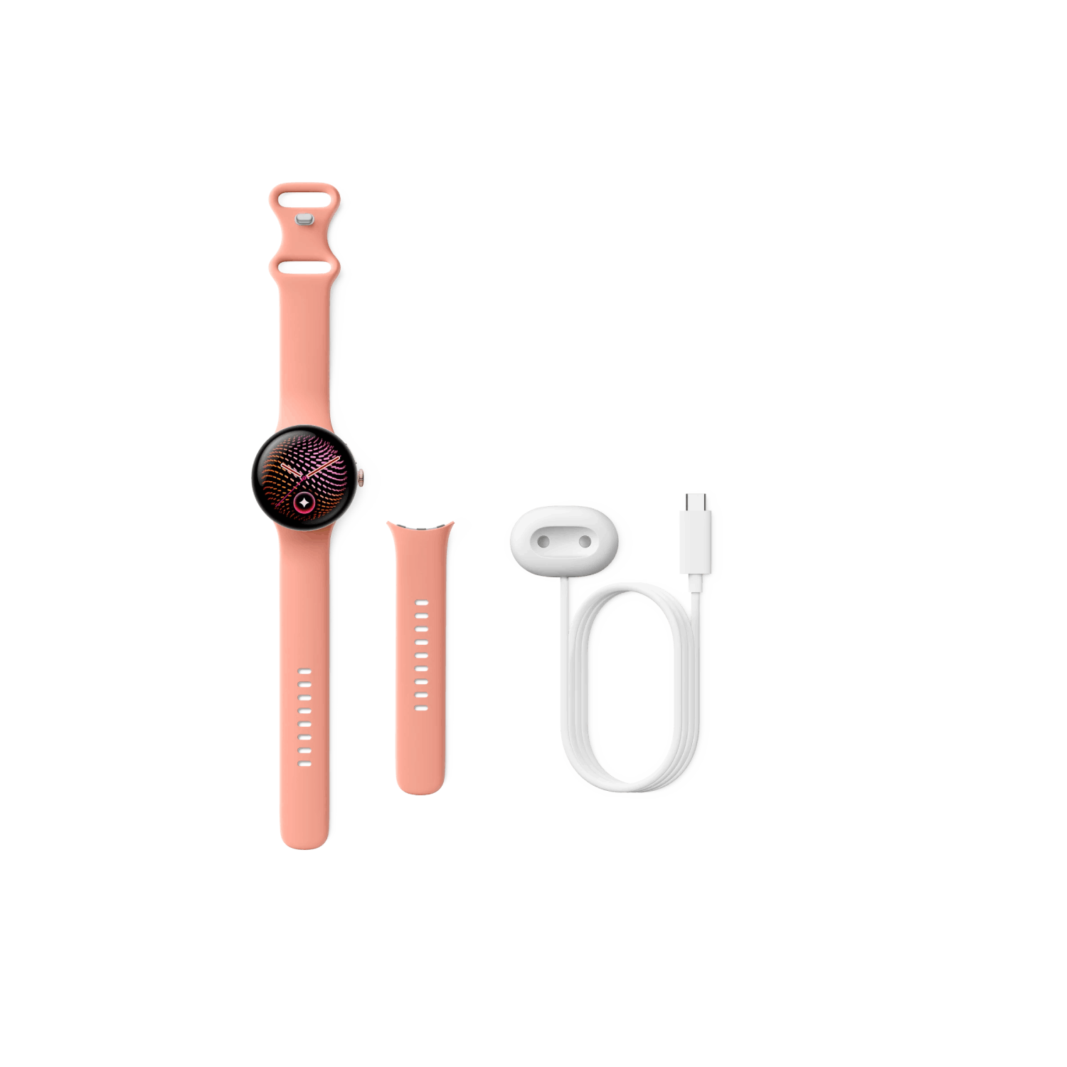 Un reloj inteligente rosado con dos correas y un cable de carga blanco sobre fondo negro.