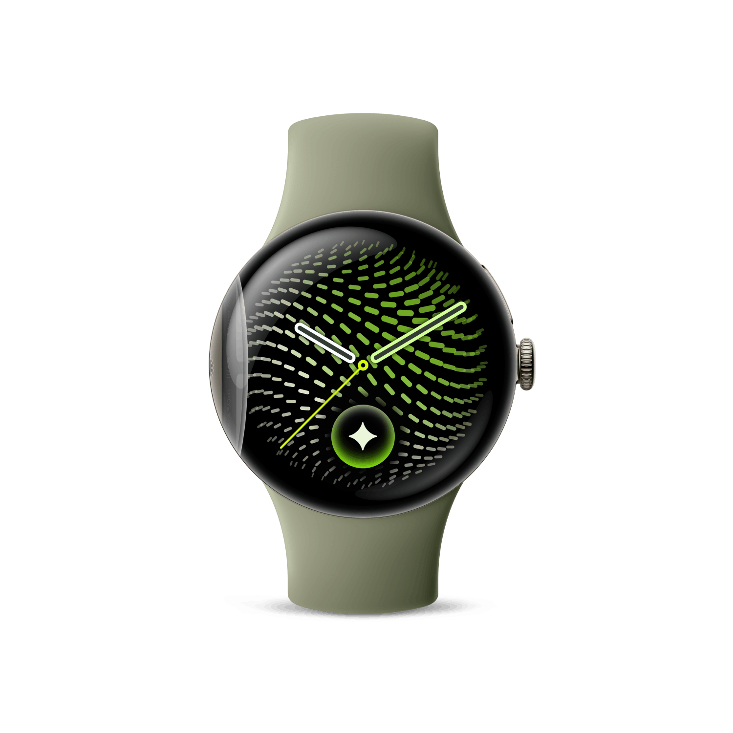 Un reloj inteligente verde oliva con pantalla redonda y un patrón en espiral de puntos verdes sobre fondo negro.