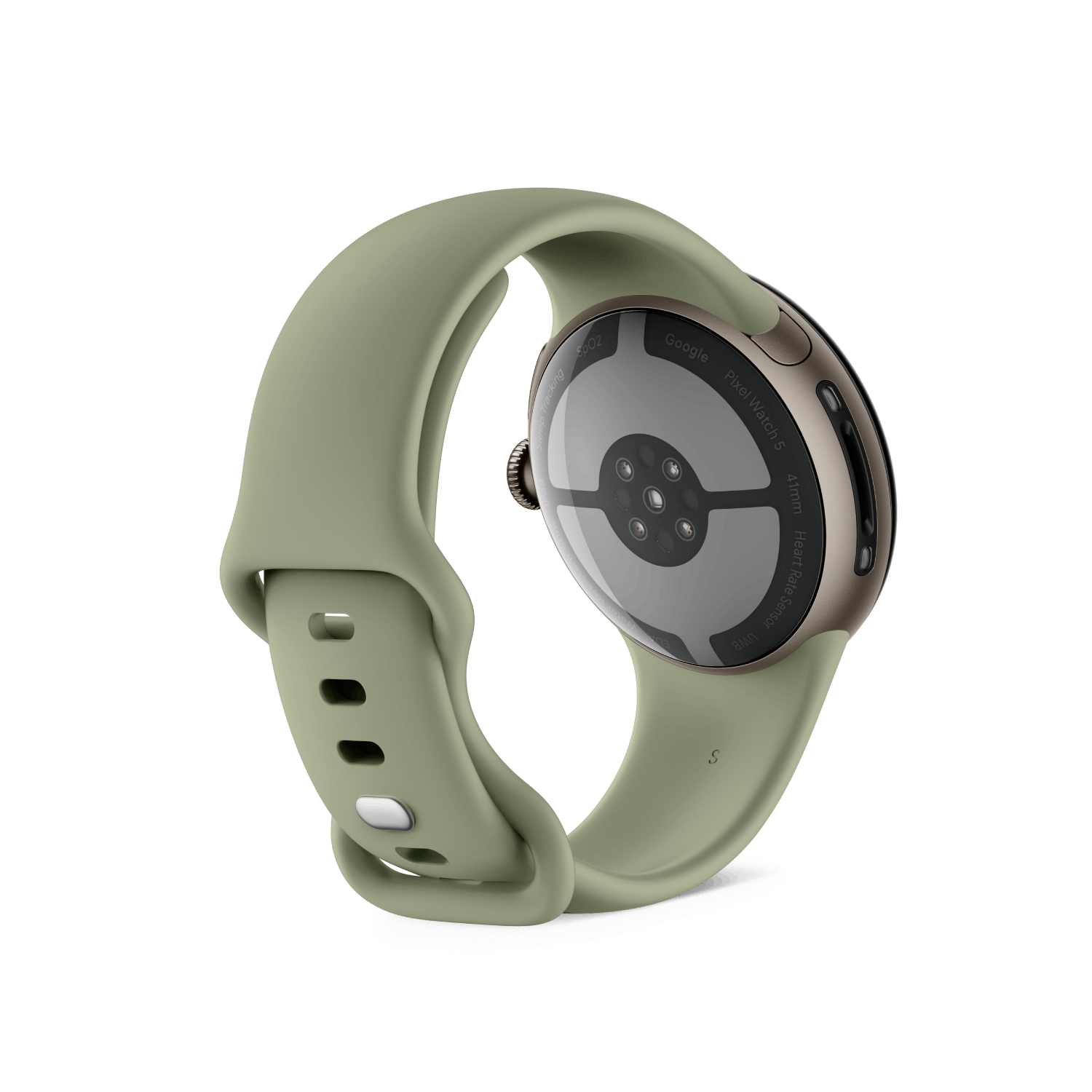 Parte trasera de un Google Pixel Watch 5 verde con sensor de frecuencia cardíaca sobre fondo negro.