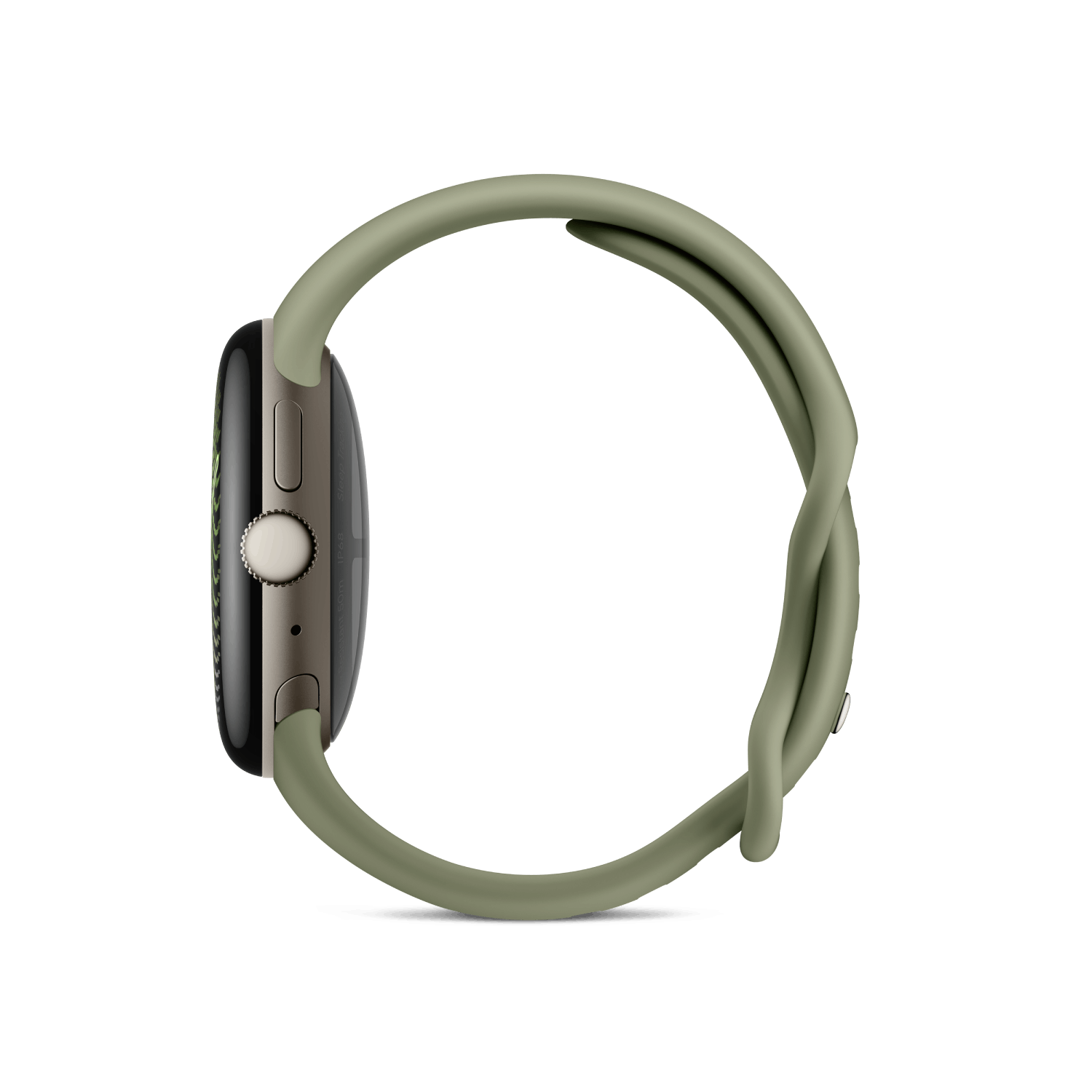 Se muestra un reloj inteligente con una correa de silicona verde oliva de perfil sobre fondo negro.