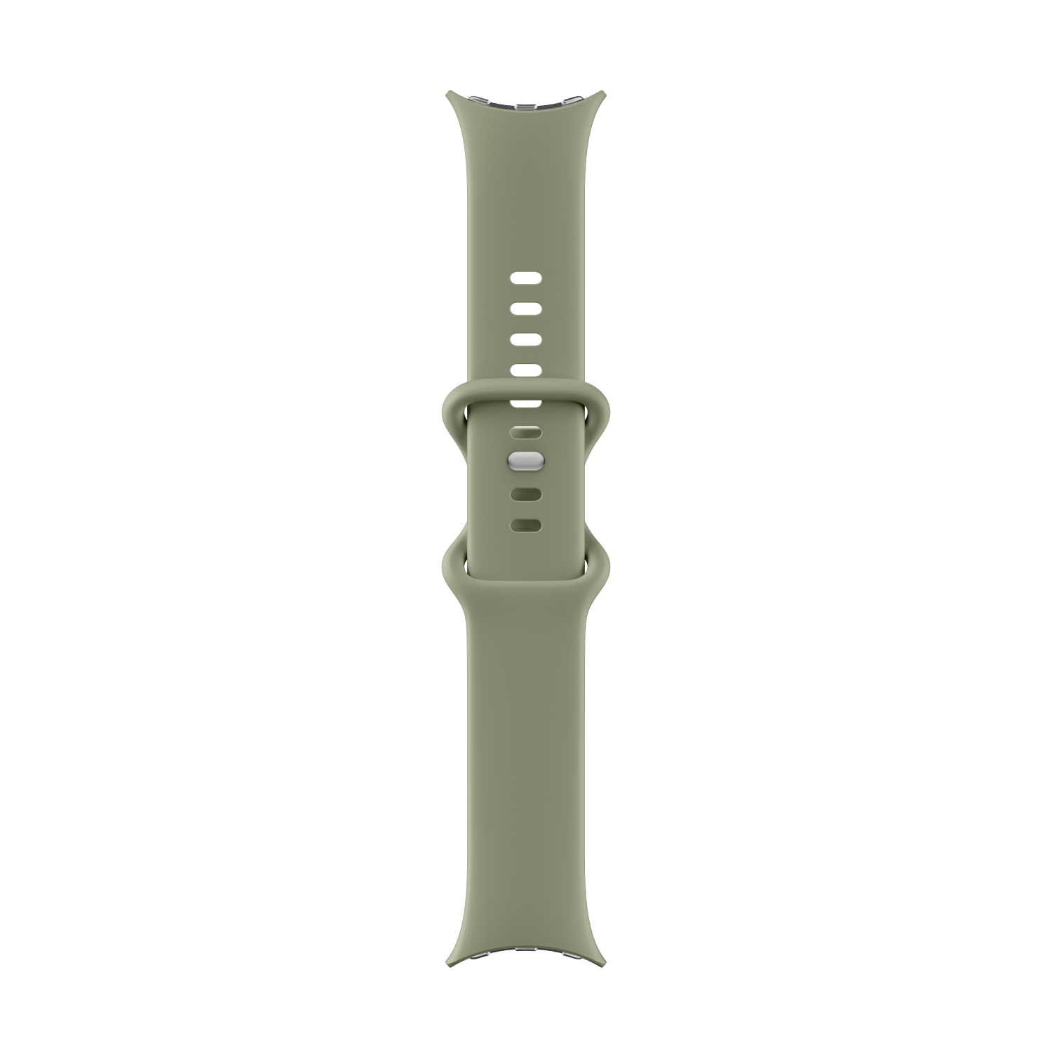 Correa de reloj de silicona verde oliva claro con hebilla sobre fondo negro.