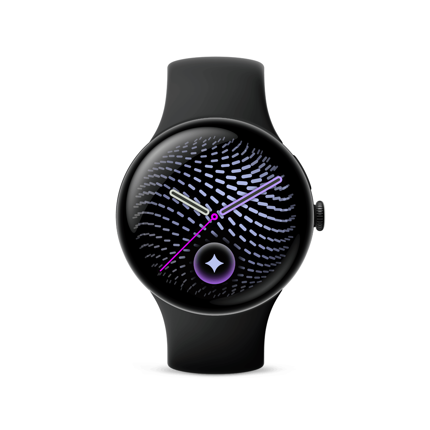 Un reloj inteligente negro con pantalla redonda que muestra un patrón geométrico, manecillas y un icono de círculo morado.