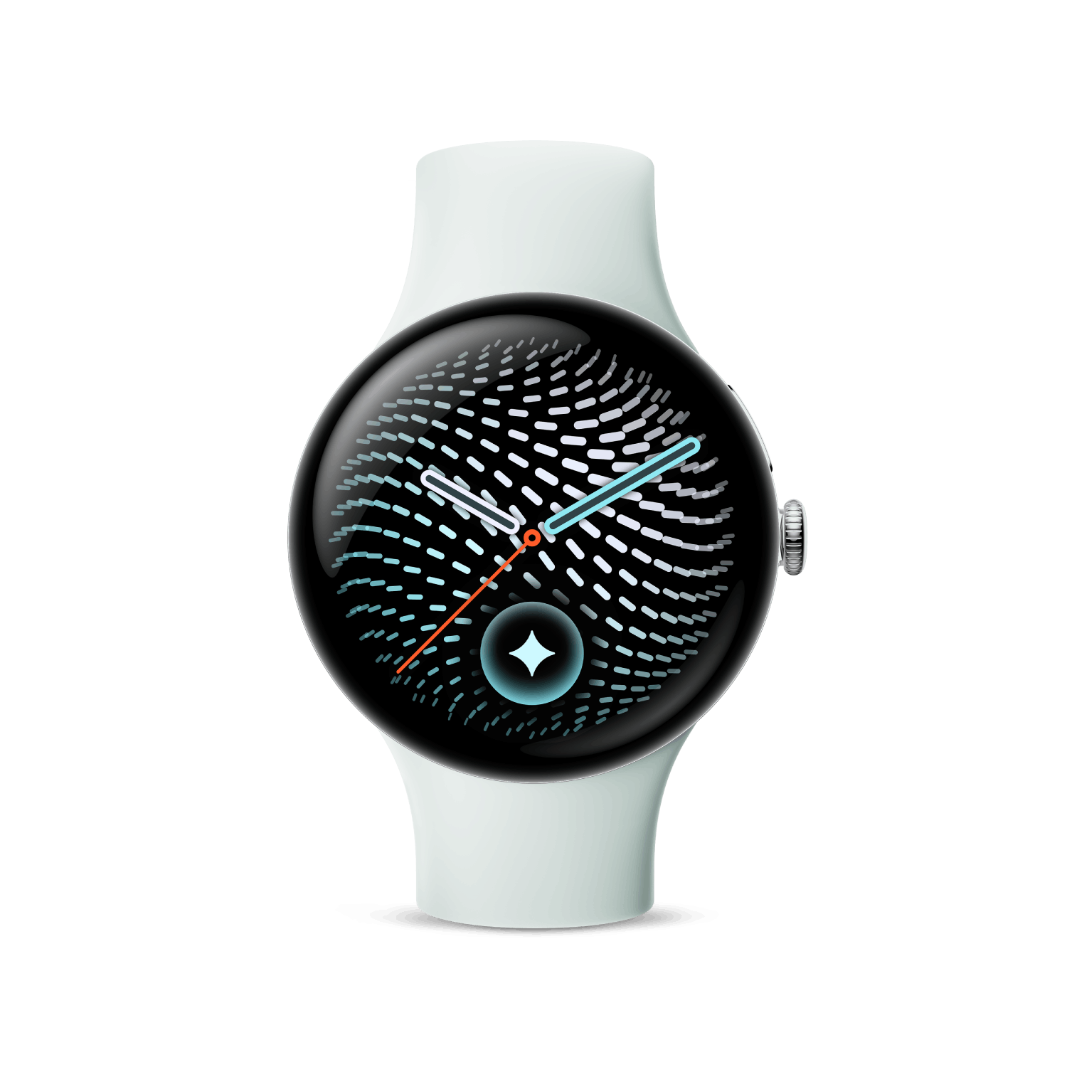 Un reloj inteligente blanco con pantalla negra muestra un patrón dinámico de guiones blancos y manecillas azules luminosas.