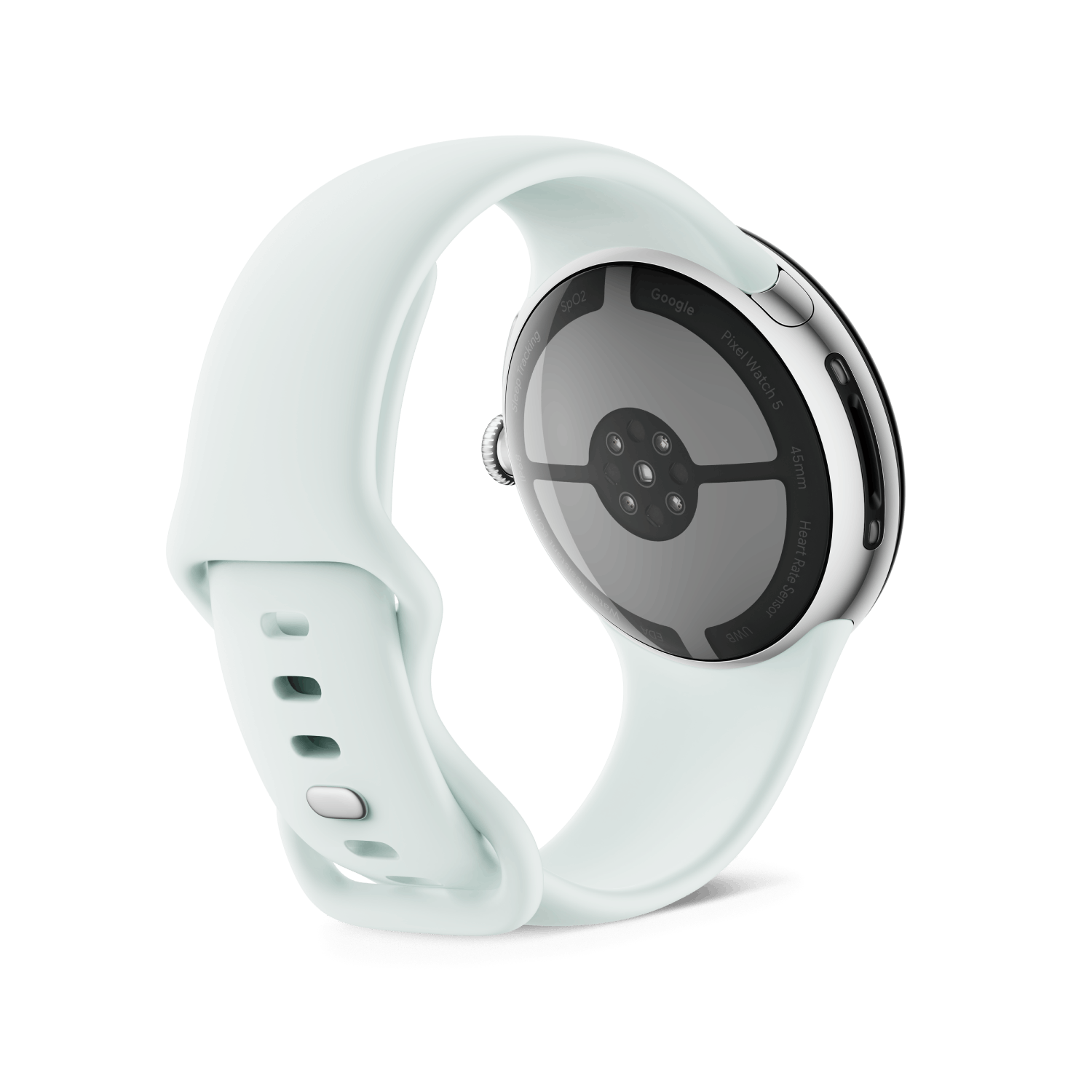 Parte trasera de un Google Pixel Watch 5 con correa verde claro sobre fondo negro.