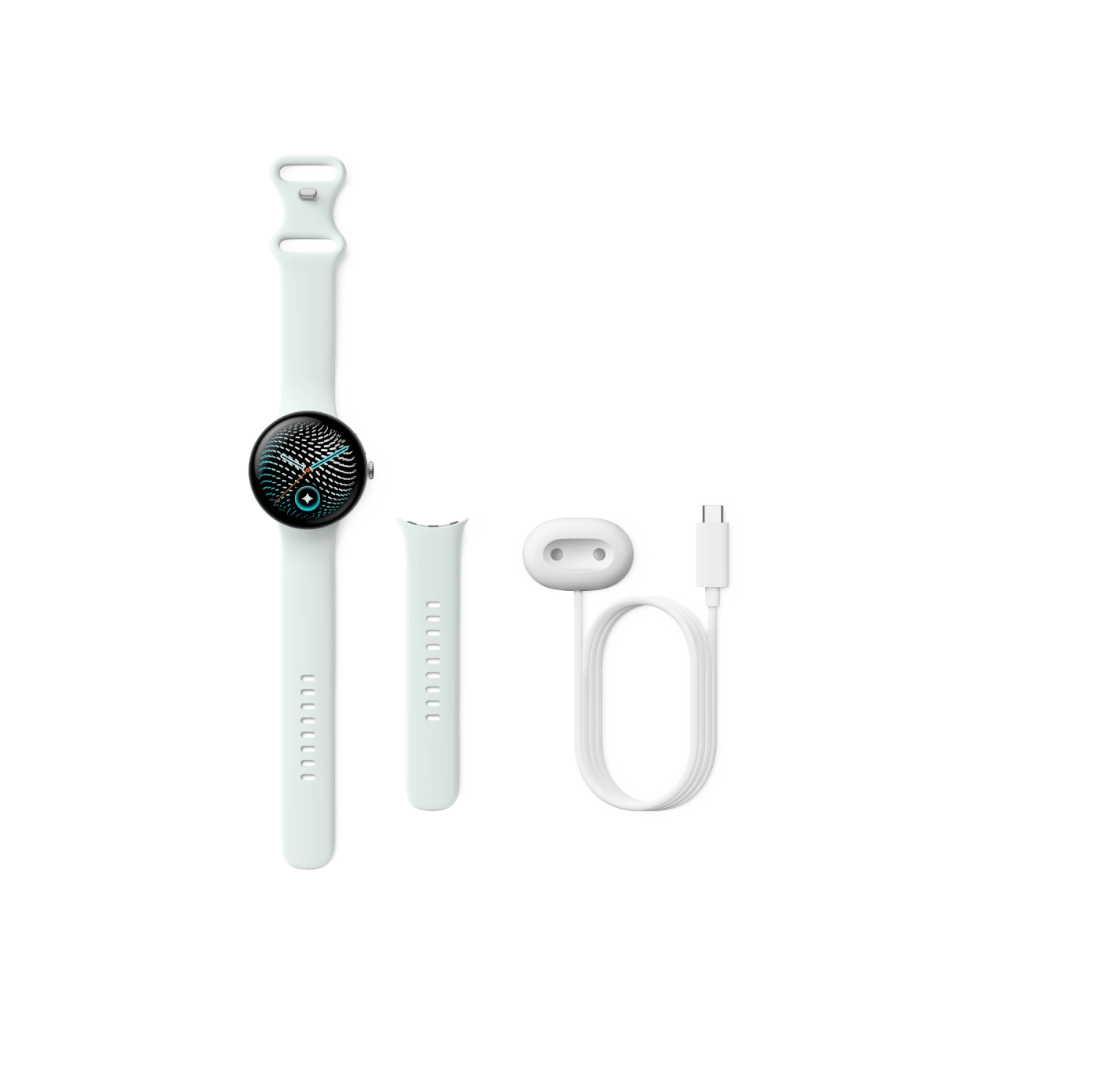 Un reloj inteligente blanco con correa, correa adicional, base de carga y cable USB sobre fondo negro.