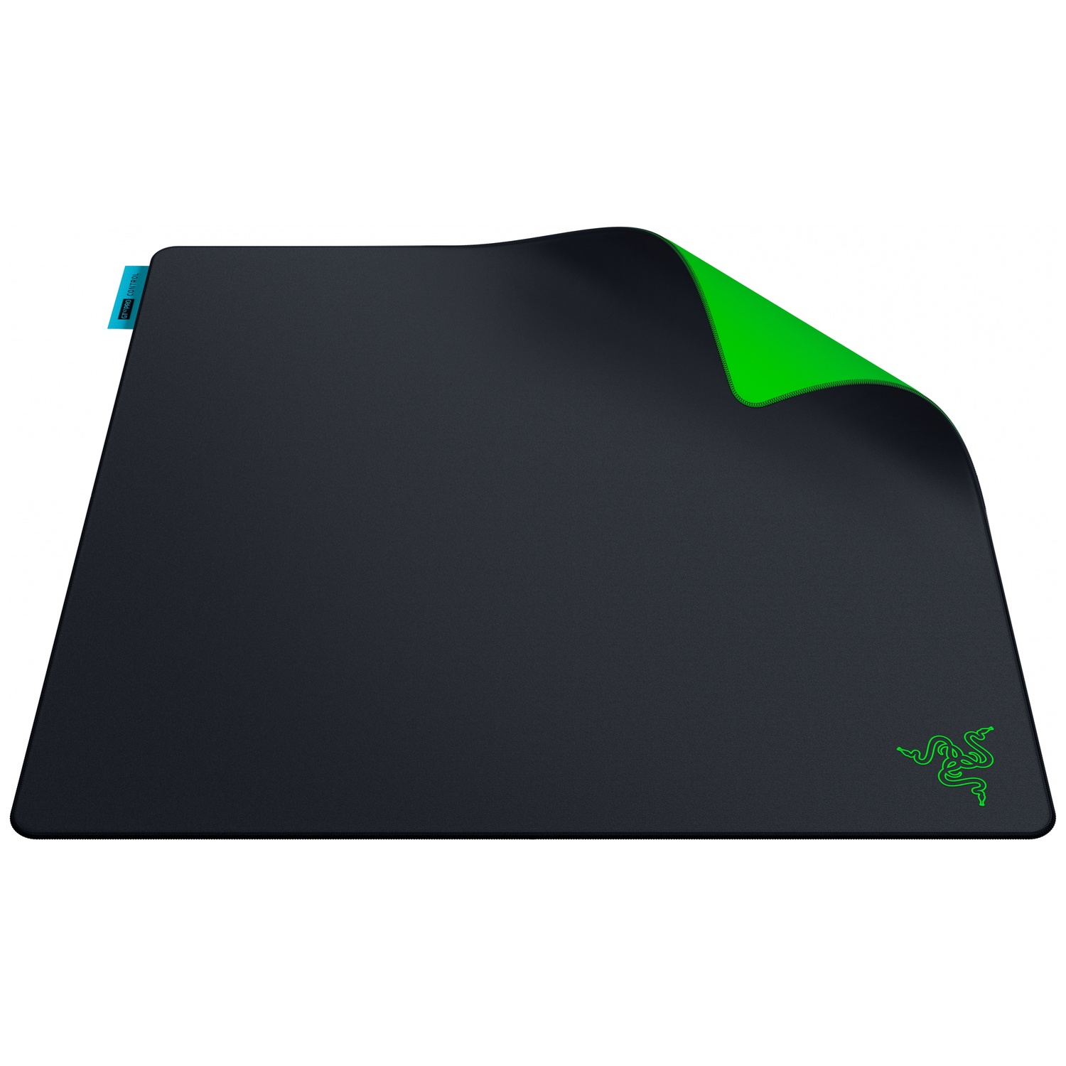 Een zwarte muismat met een groen logo en een omgekrulde hoek die een felgroene onderkant laat zien.