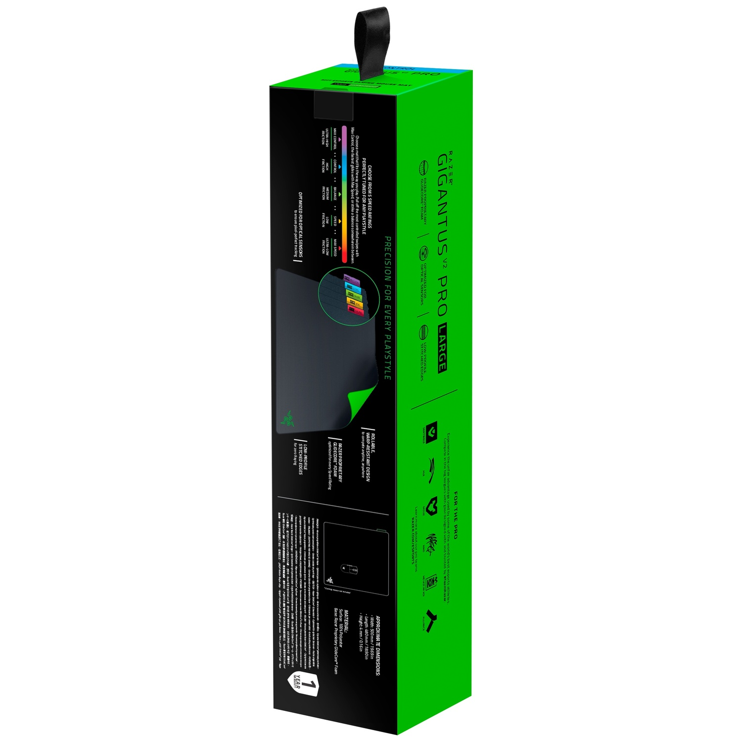 Groen-zwarte verpakkingsdoos voor Razer Gigantus V2 Pro Large muismat met productafbeeldingen.