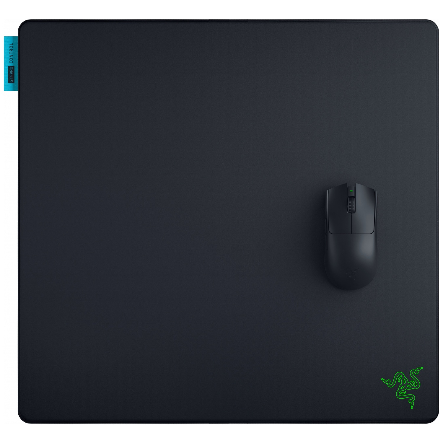 Een zwarte muismat met een zwarte computermuis en een groen slanglogo.