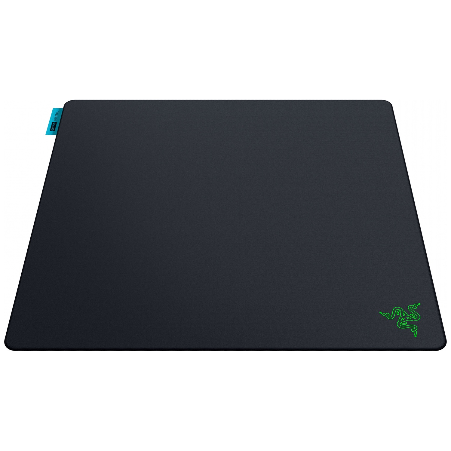 Een zwarte Razer muismat met een groen logo rechtsonder en een blauw label linksboven.