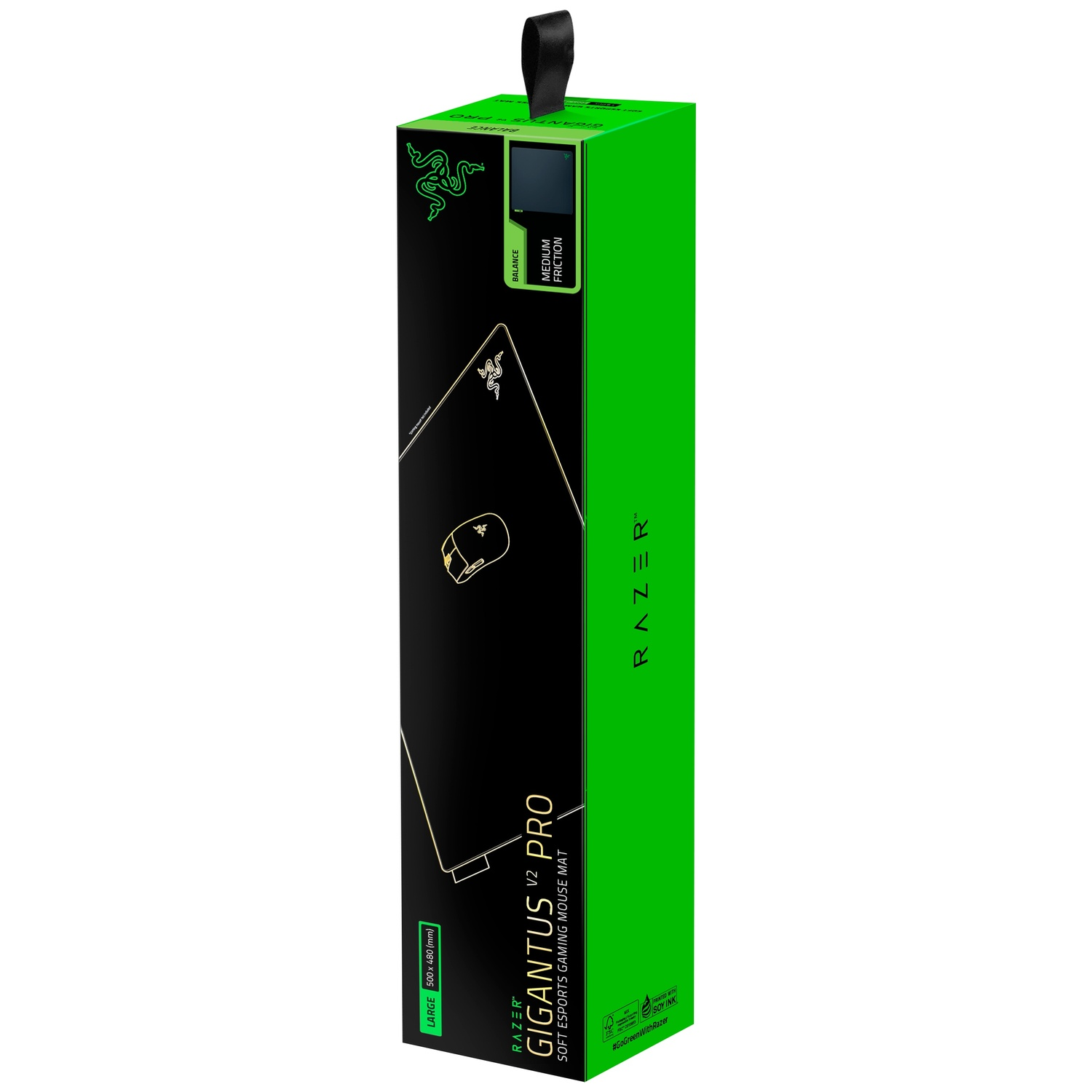Razer Gigantus V2 Pro gaming muismat in een zwarte en groene verpakking.