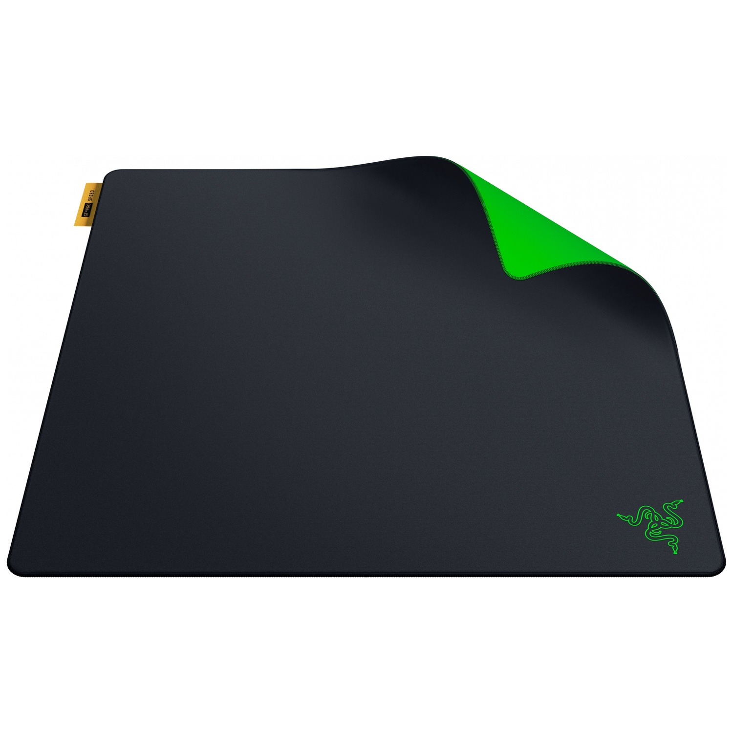 Een zwarte muismat met een groene onderkant en een groen Razer-logo in de rechter benedenhoek.