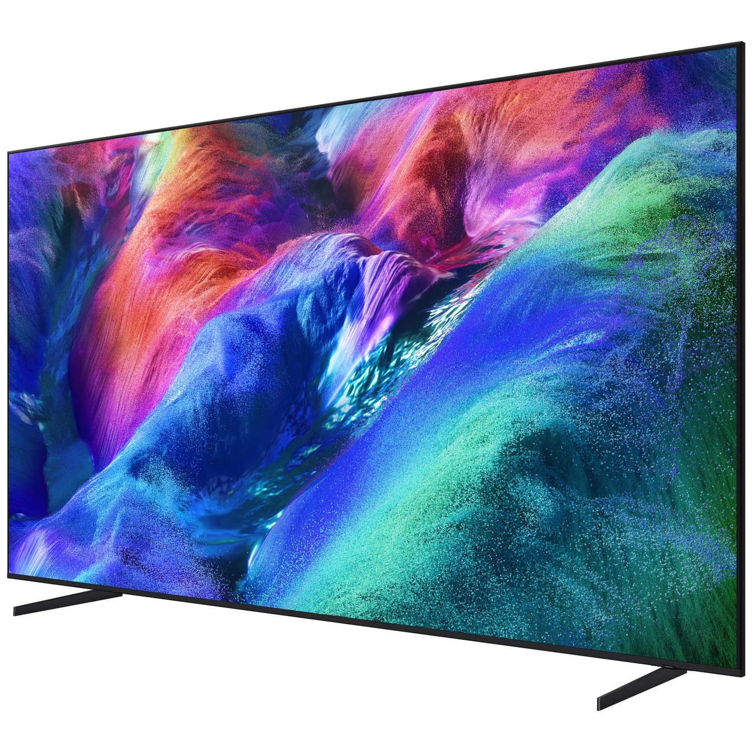 Een moderne flatscreen-tv met een levendige, kleurrijke abstracte achtergrond in blauwe, groene, rode en paarse tinten.