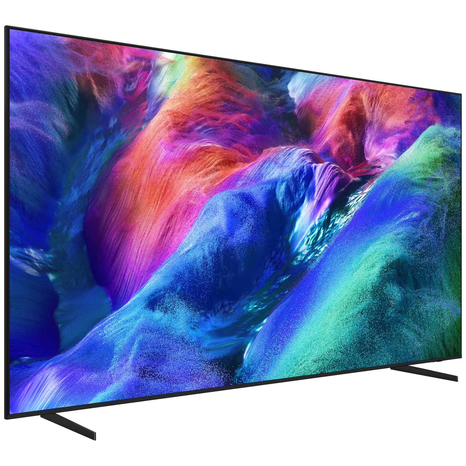 Flatscreen-tv met een zwarte rand toont een kleurrijk, abstract patroon op het scherm.