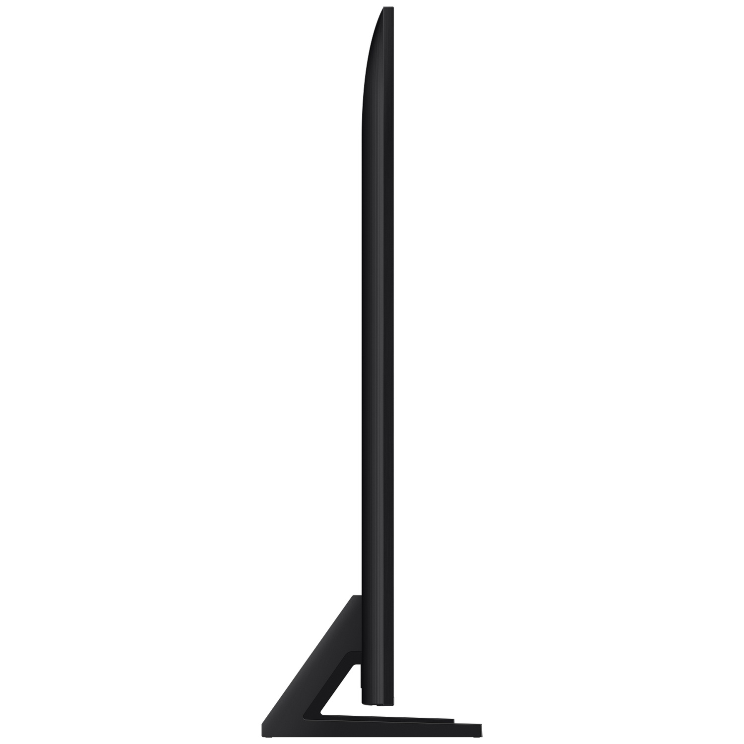 Zijaanzicht van een slanke zwarte televisie met een moderne standaard tegen een witte achtergrond.