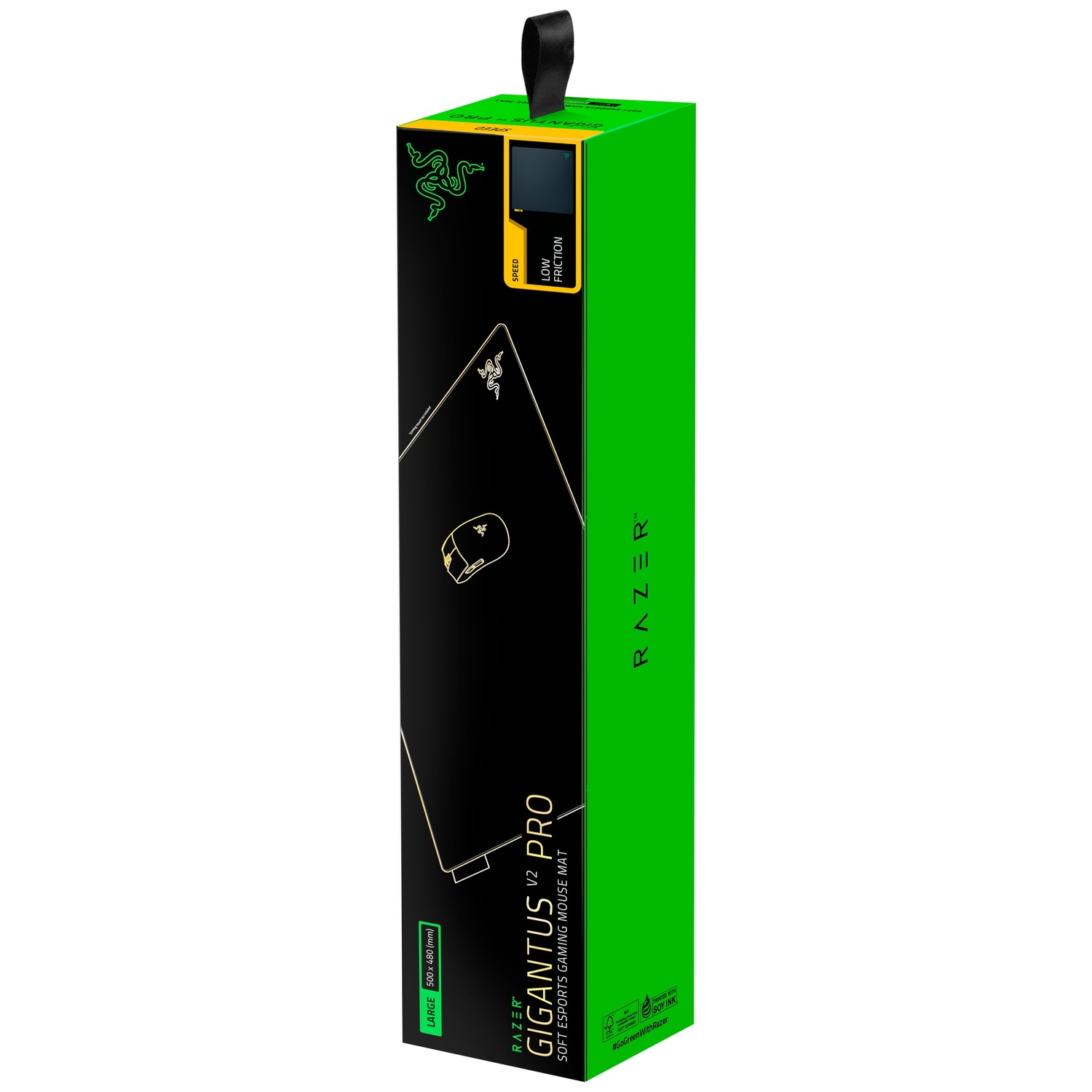 Groene en zwarte verpakking voor de Razer Gigantus V2 Pro gaming muismat met productafbeeldingen.