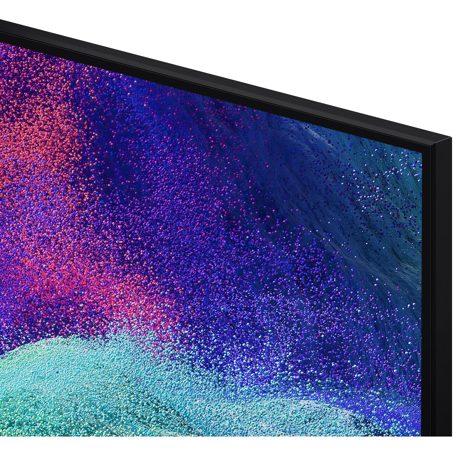 Close-up van een tv-scherm met een kleurrijk abtract patroon van blauwe, roze en turquoise stippen.