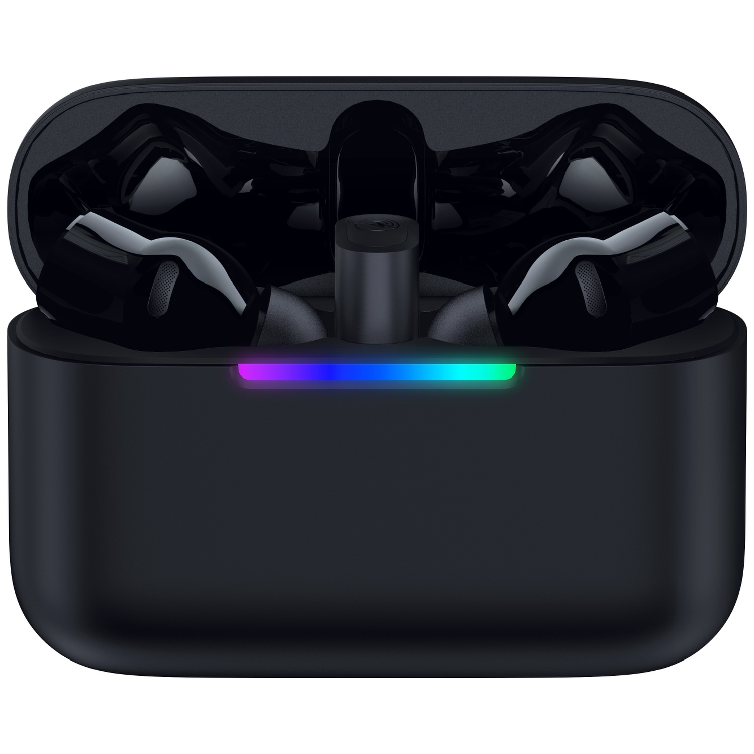 Black wireless earbuds inside a charging case featuring a colorful RGB LED indicator.