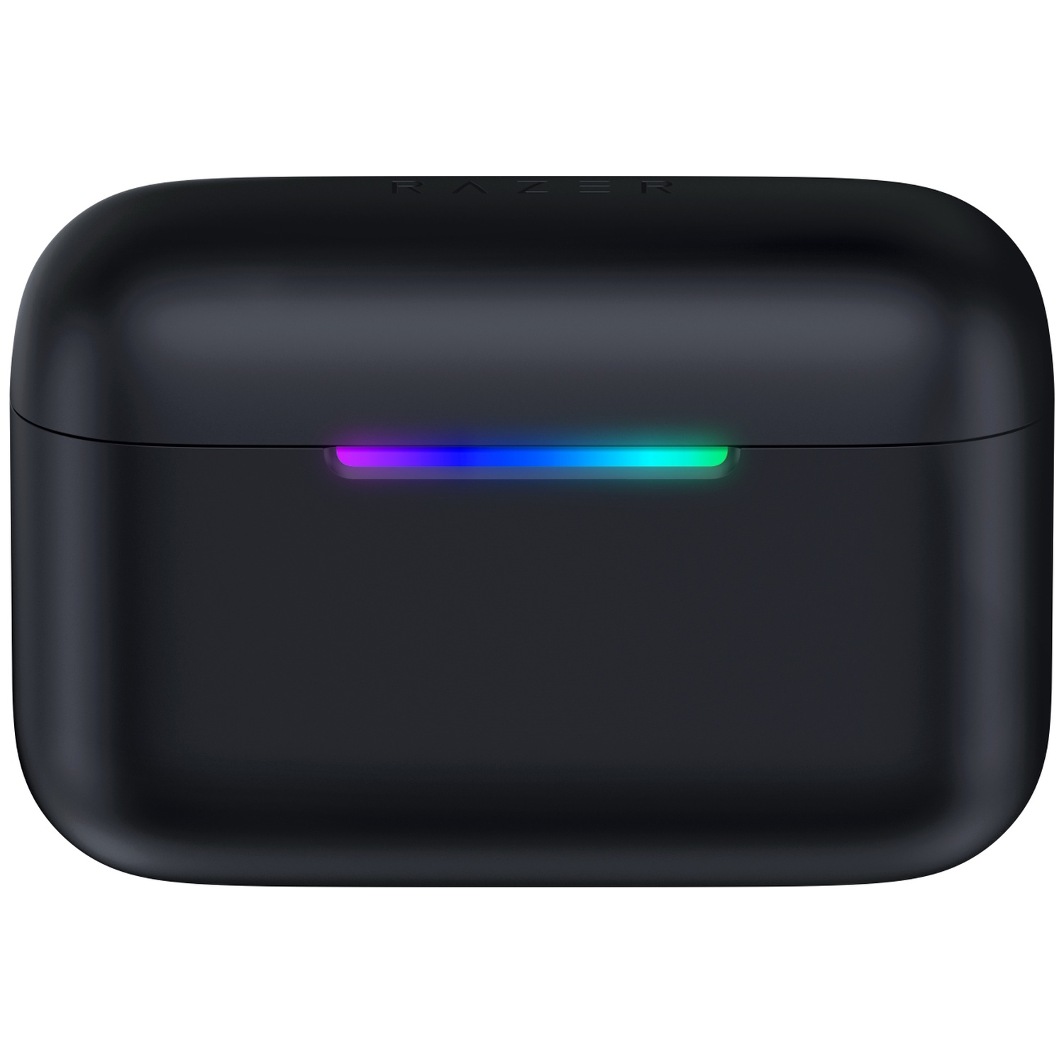 A black Razer wireless earbud charging case with an RGB glowing LED strip on the front against a white background.