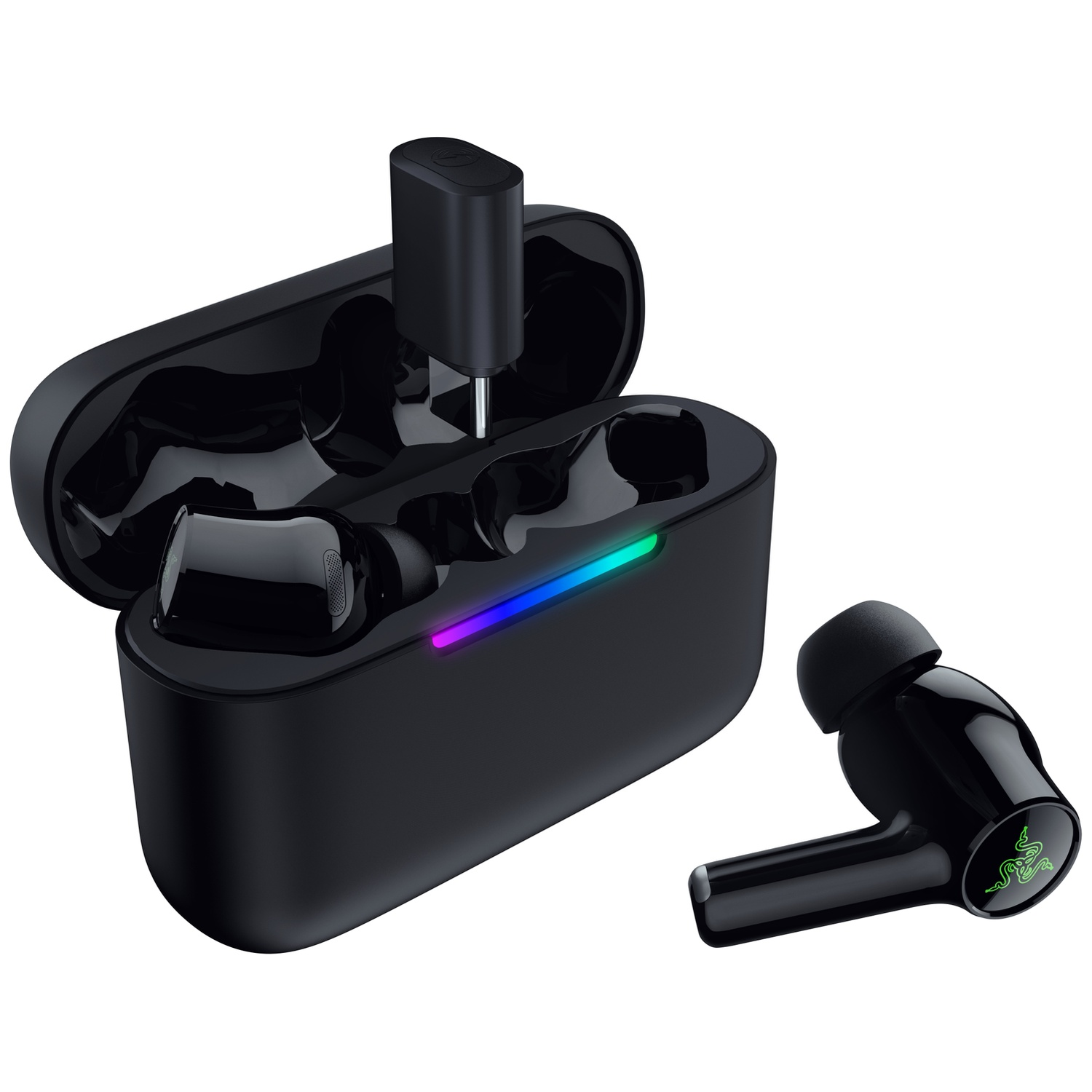 Black wireless earbuds in an open charging case with a rainbow LED, and a single earbud placed beside it.