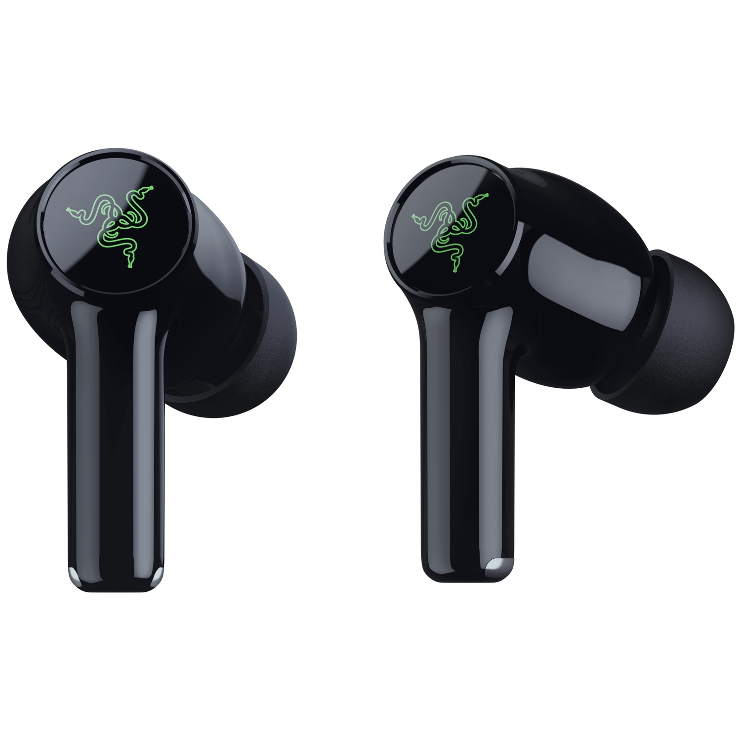 Black wireless earbuds featuring a green Razer logo on the touch surface against a white background.