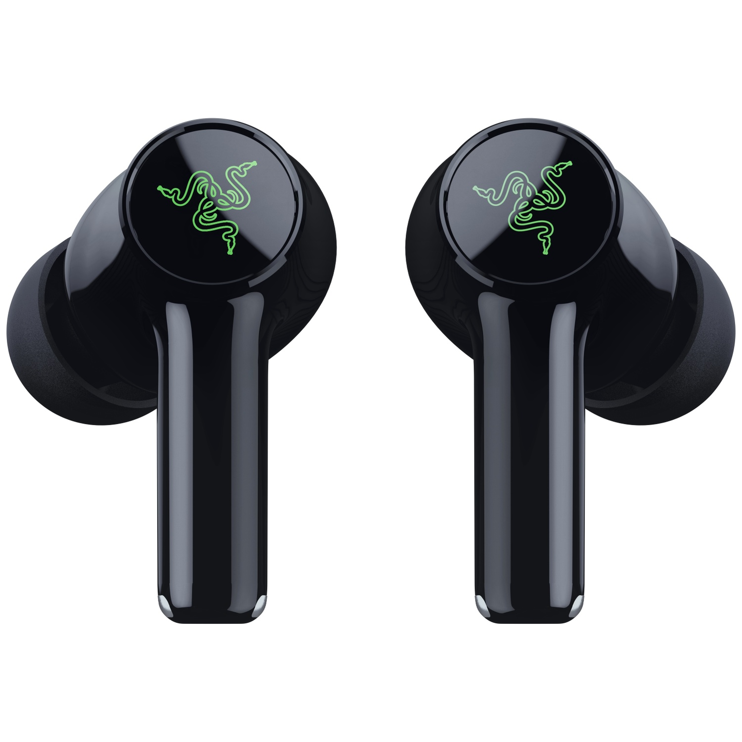 Two black earbuds with a green snake logo on a glossy surface.