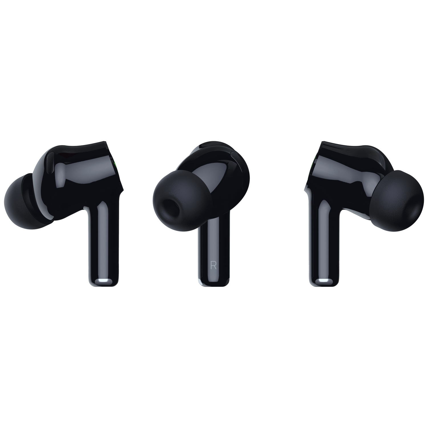 Three black wireless earbuds shown from different angles on a white background.