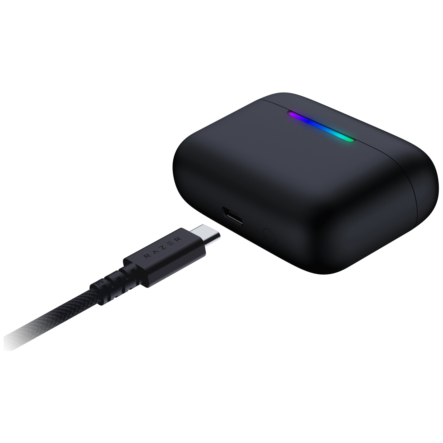 Black charging case with a rainbow LED and a connected USB-C cable on a white background.