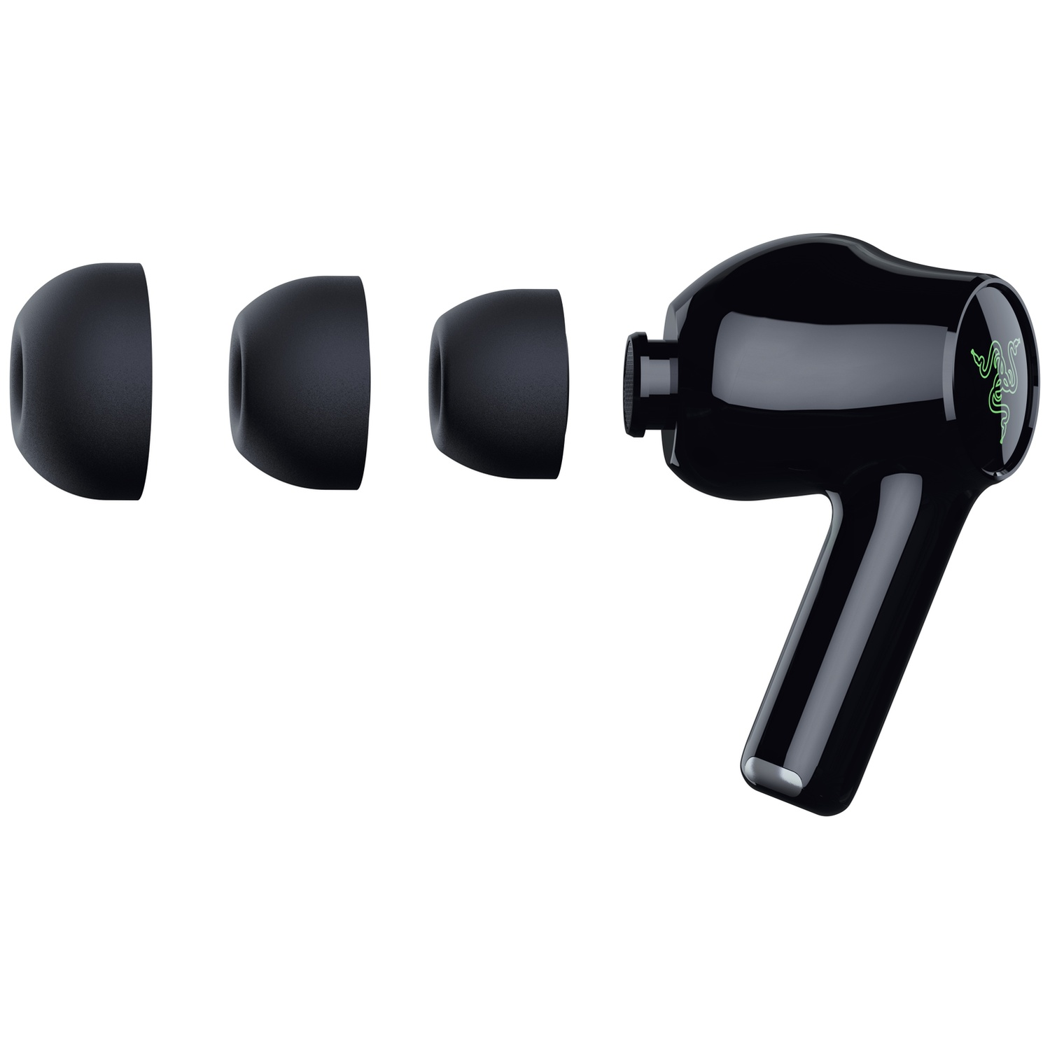Glossy black earbud with three different interchangeable ear tips shown on a white background.