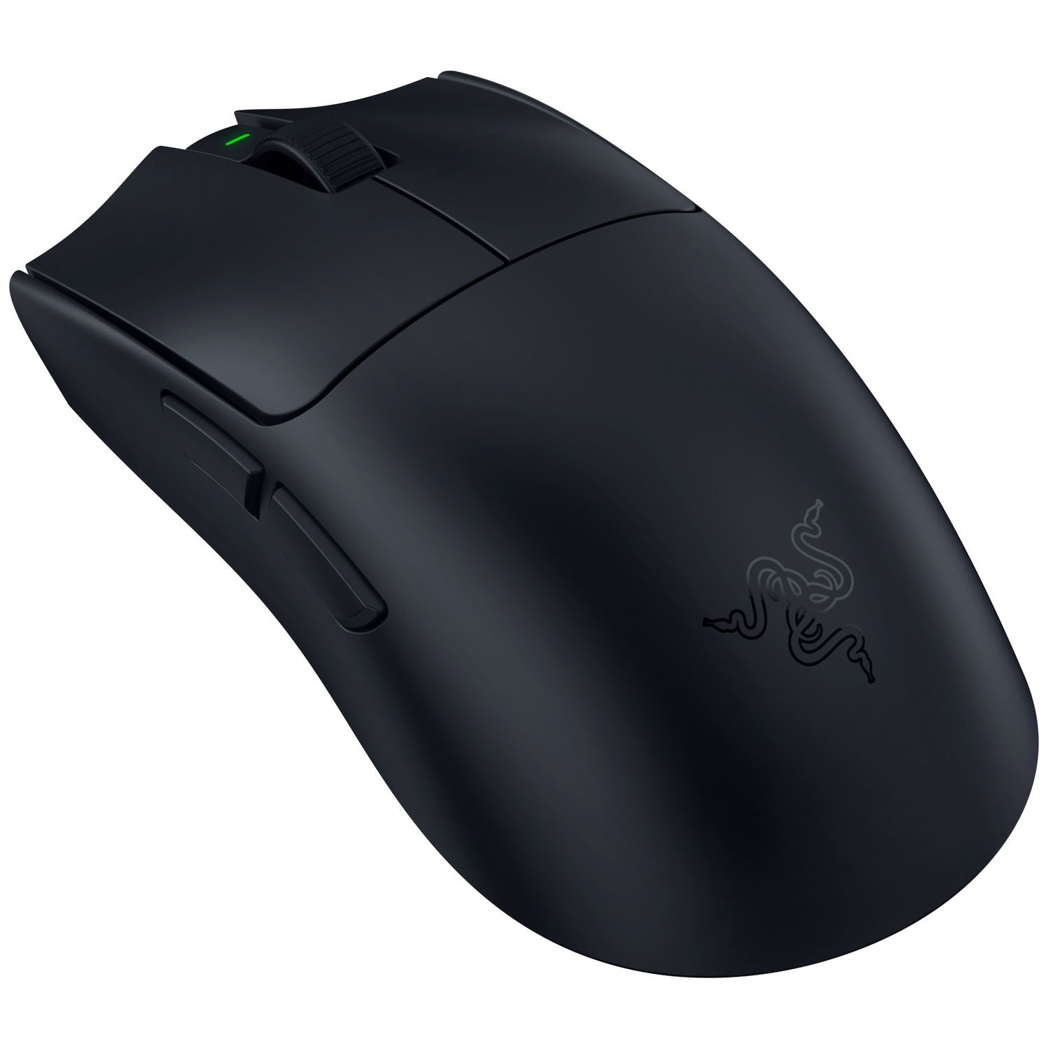 Een zwarte draadloze gamingmuis op een witte achtergrond, met een scrollwiel, zijknoppen en subtiel logo.