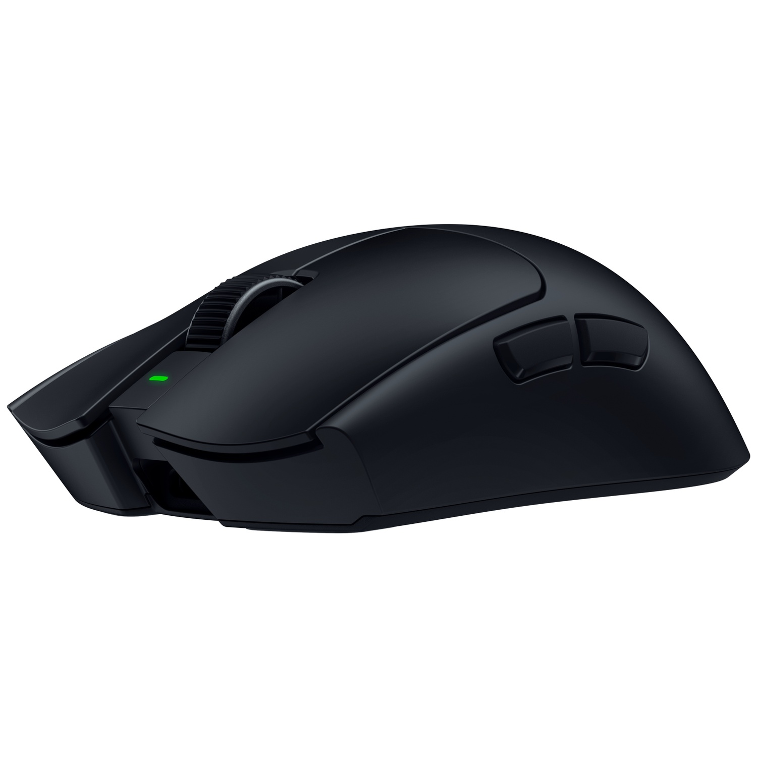 Een ergonomische zwarte gamingmuis met een klein groen indicatielampje.