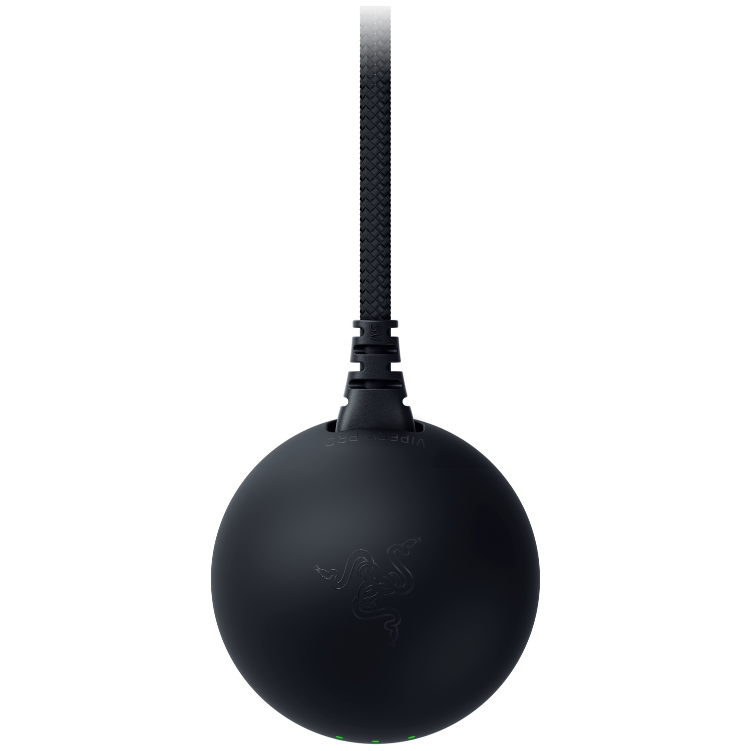 Een mat zwart bolvormig object met een gevlochten kabel die naar boven loopt.