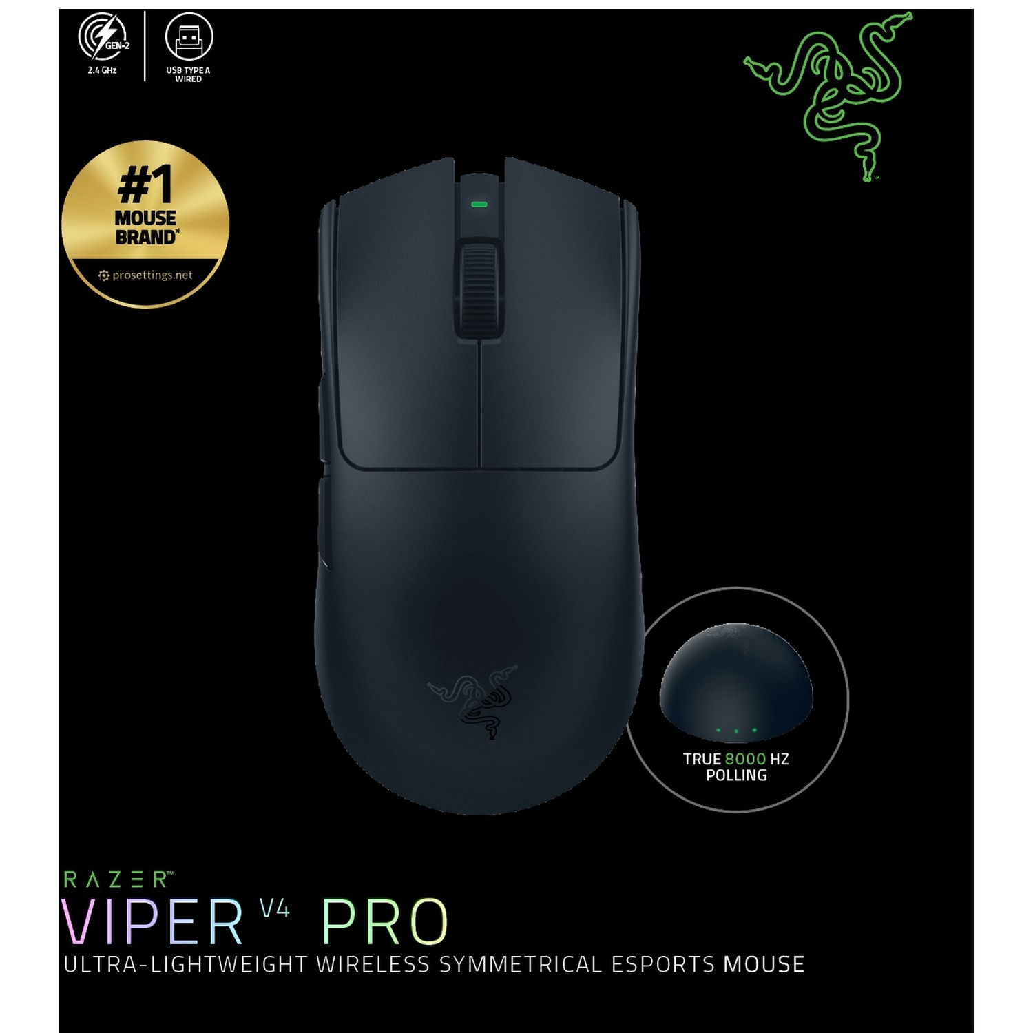 Zwarte Razer Viper V4 Pro gamingmuis op een zwarte achtergrond met logo's en tekst.