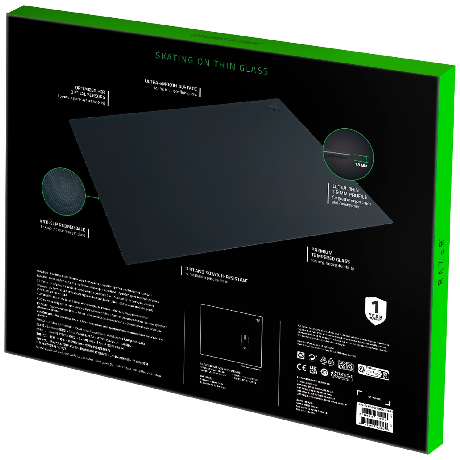 Achterkant van een Razer glazen muismat verpakking met kenmerken.