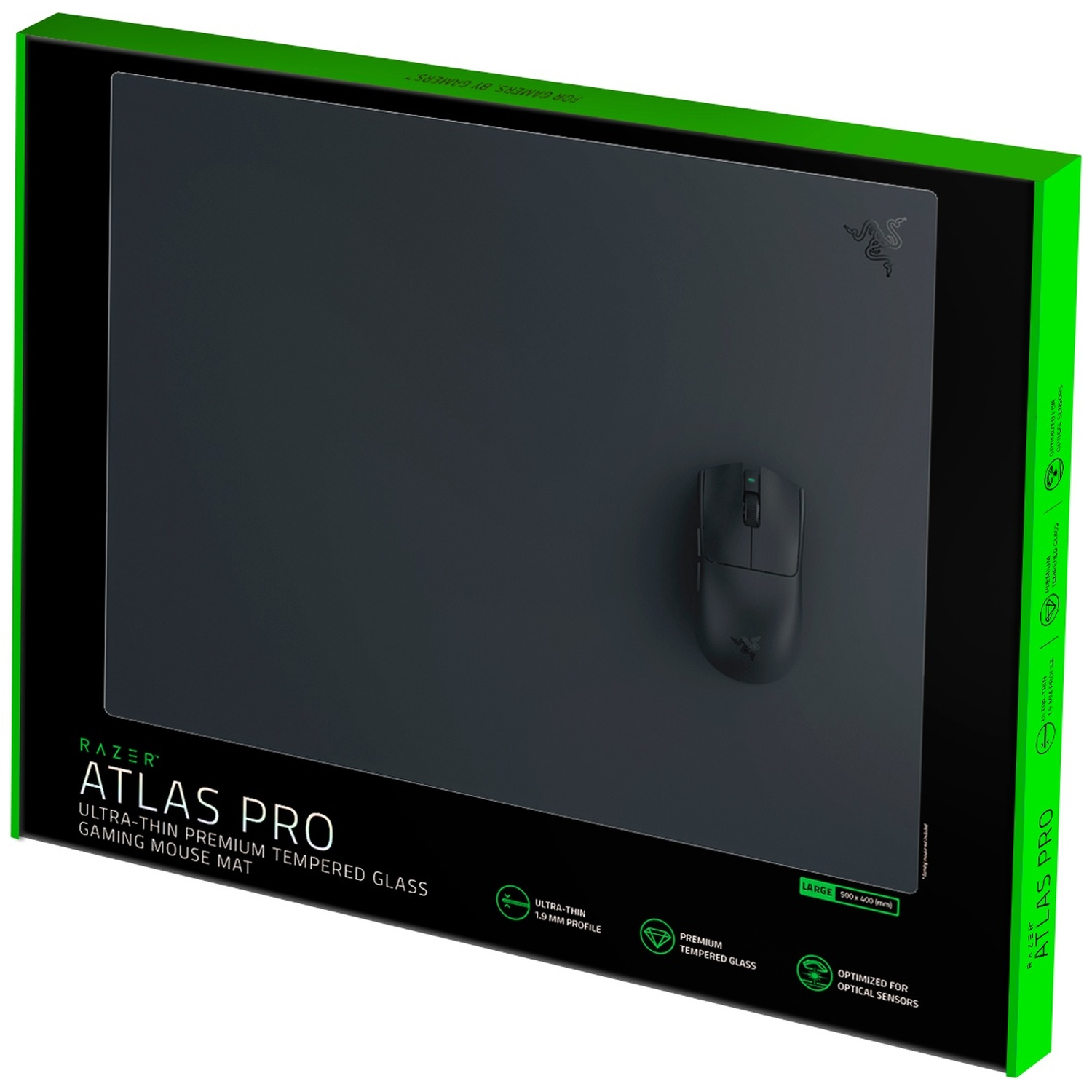 De verpakking van de Razer Atlas Pro gehard glas gaming muismat met een zwarte muis erop.