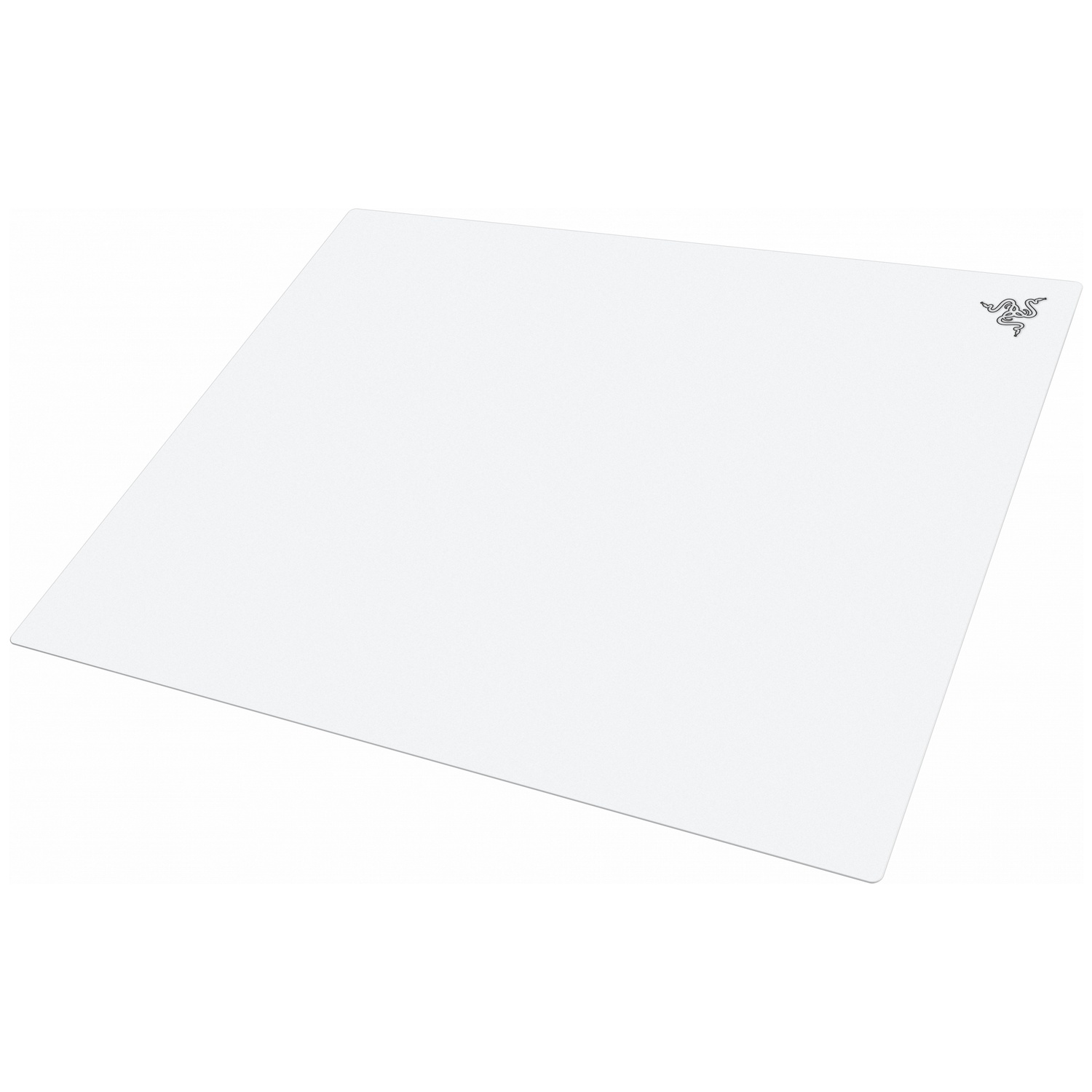 Un tapis de souris Razer blanc avec un logo noir dans le coin supérieur droit sur fond blanc.