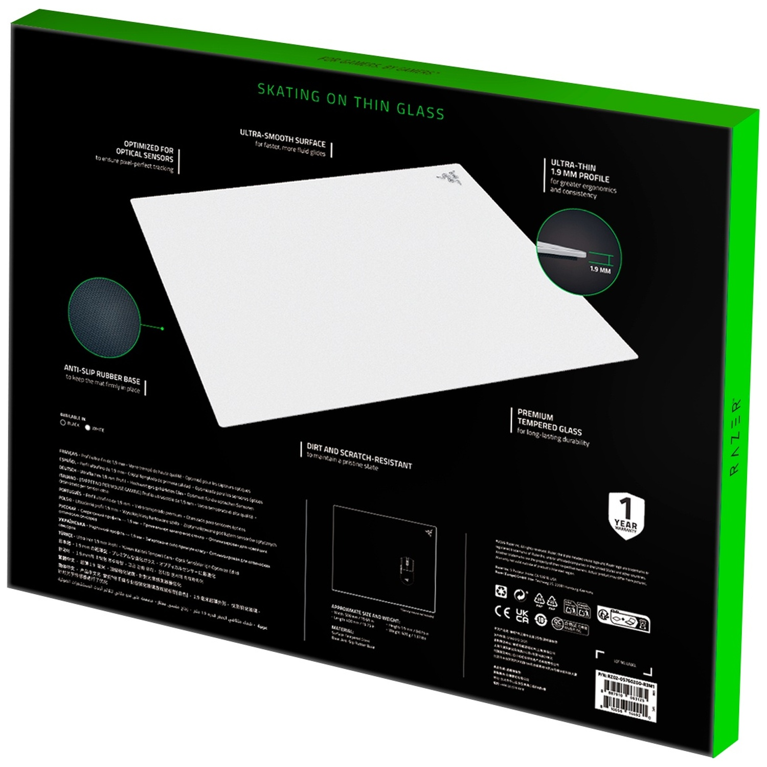 Dos d'un emballage de tapis de souris en verre Razer avec des détails.