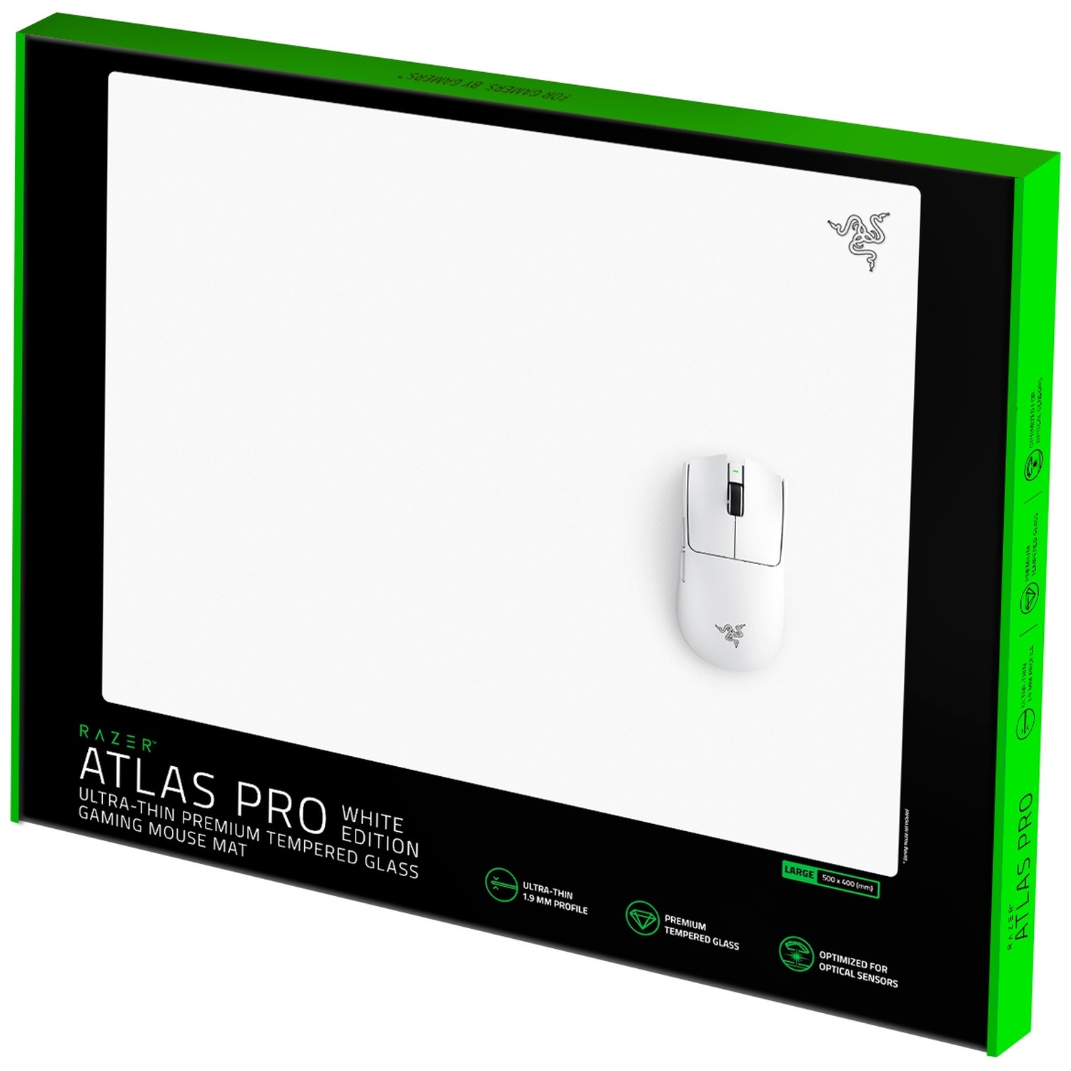 Tapis de souris Razer Atlas Pro blanc dans son emballage vert et noir avec une souris blanche.